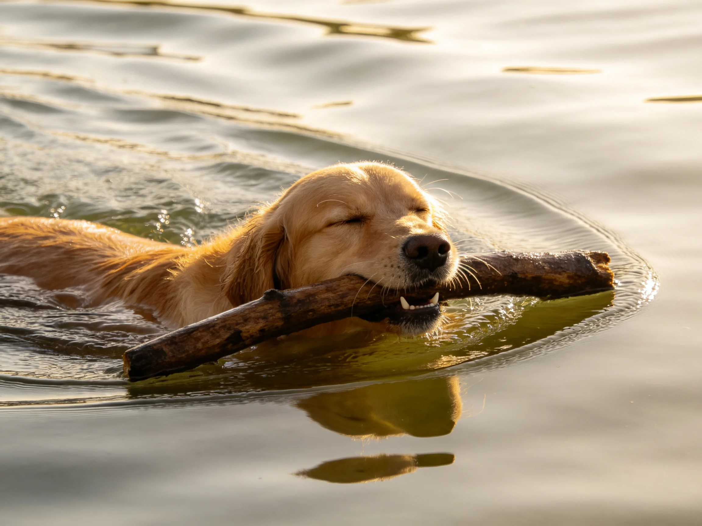 Golden retriever swimming with a thick wooden stick in calm water
