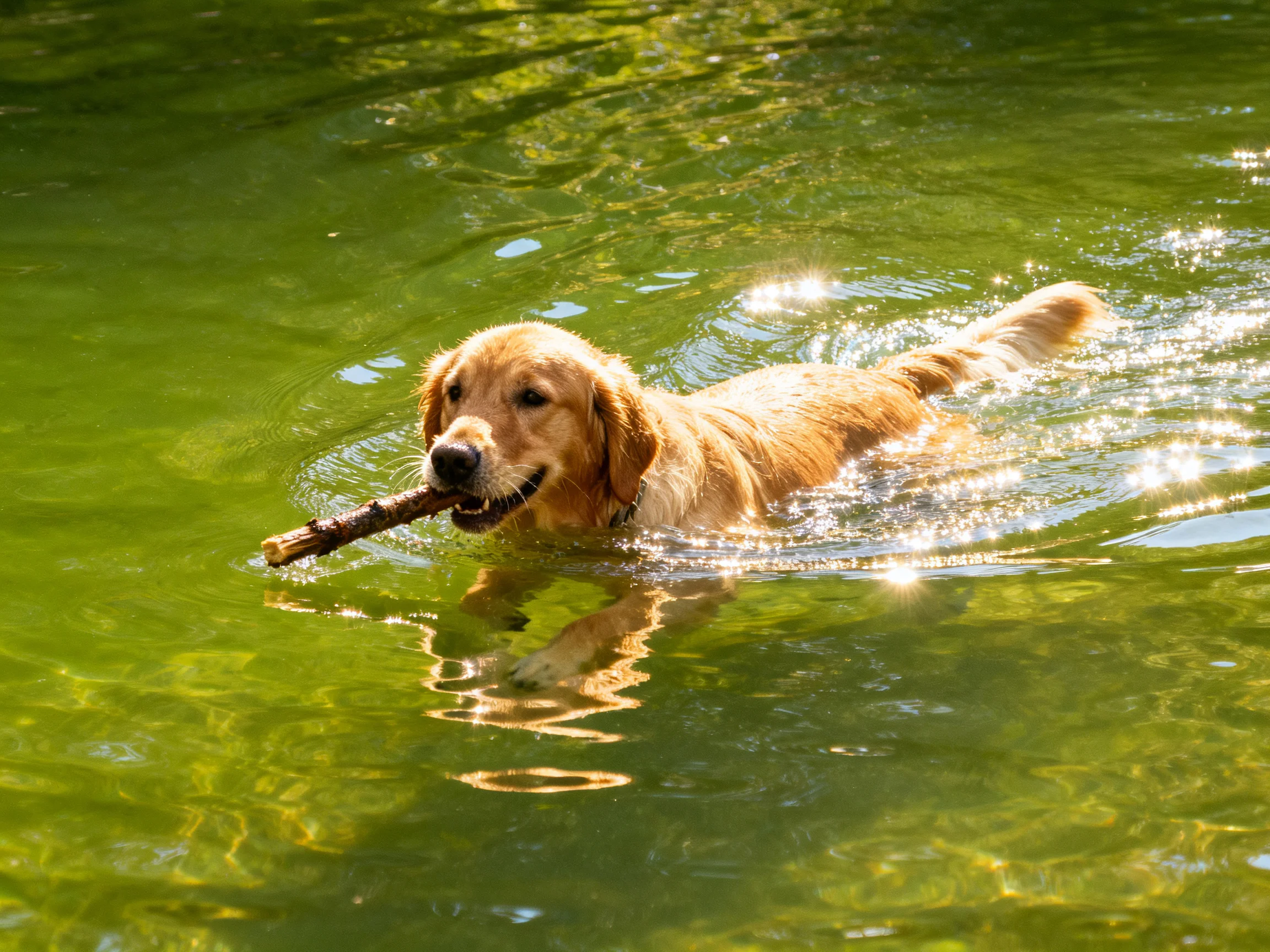 A golden retriever swims in green water carrying a stick