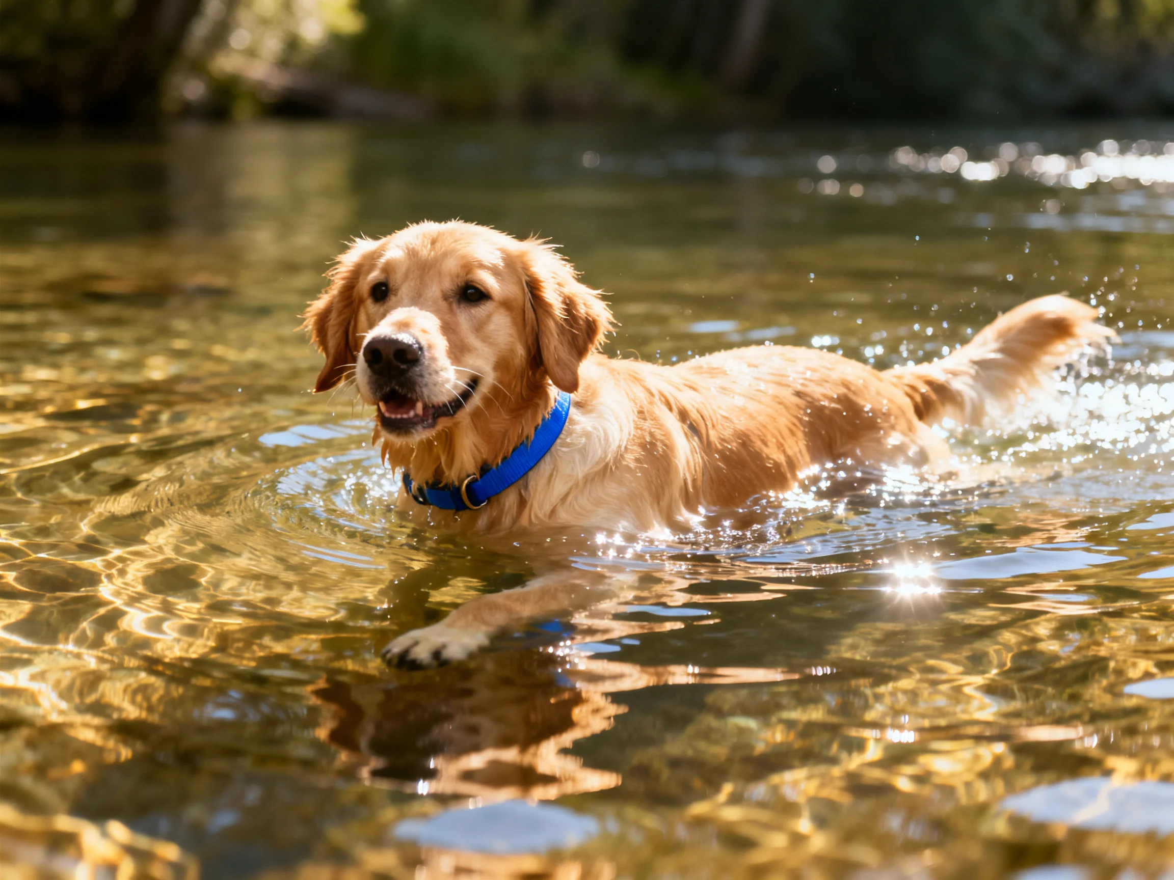 A golden retriever swims joyfully in sunlit water.