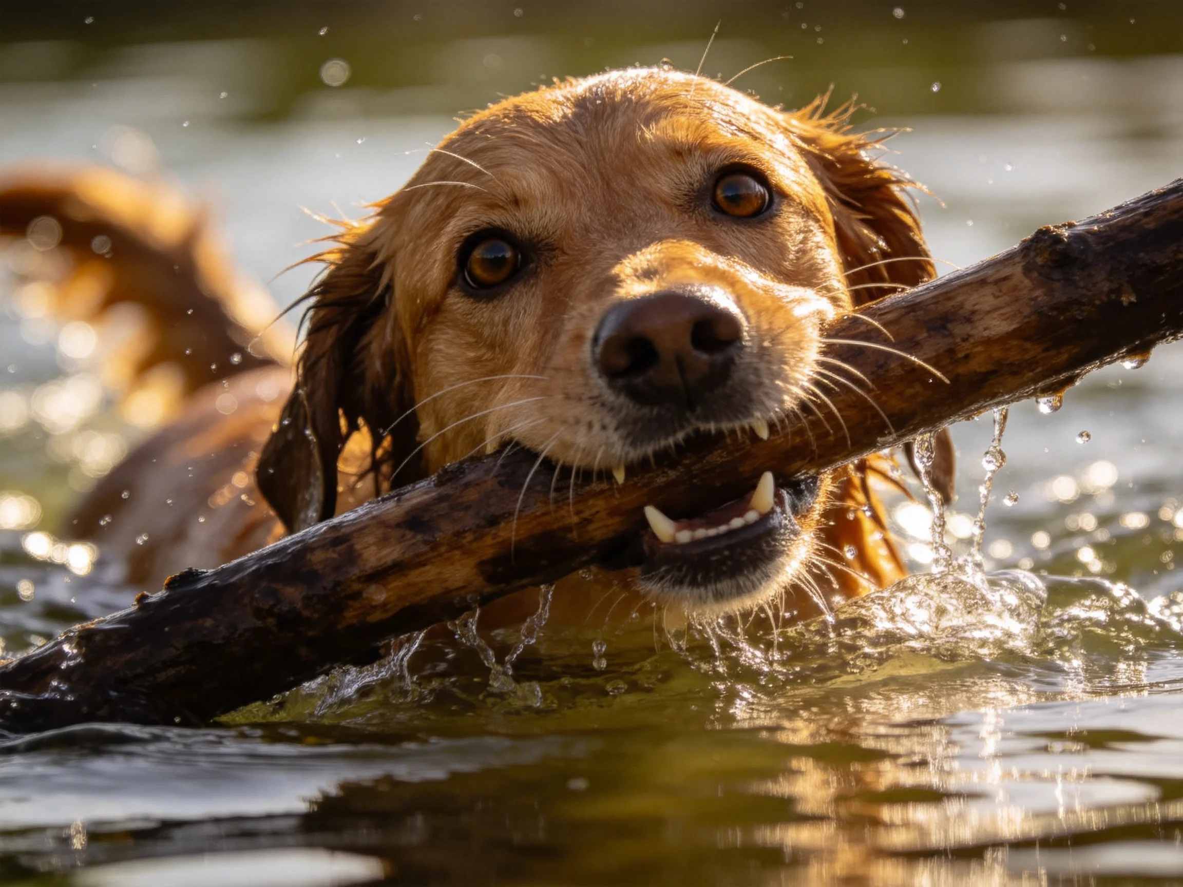 Golden retriever carries a large stick while swimming in water.