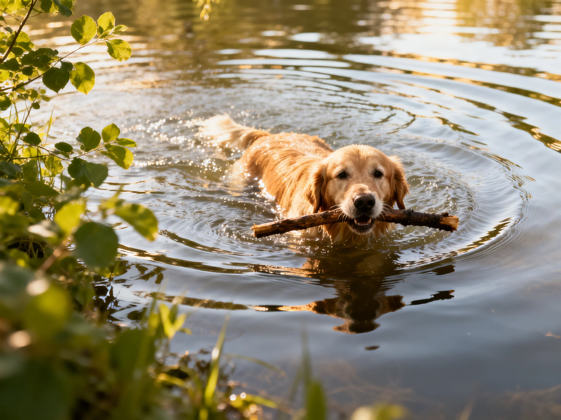 A golden retriever carries a stick while swimming in calm water near greenery.