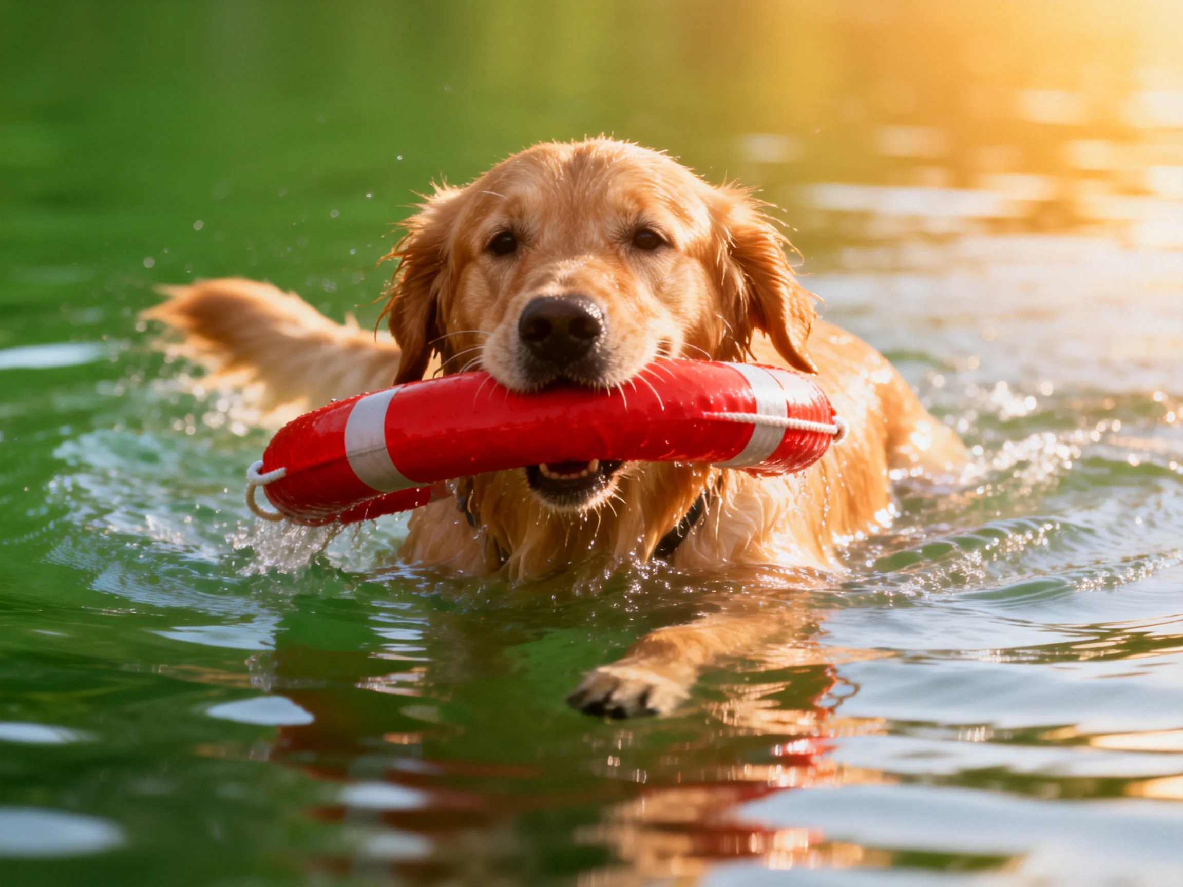 A golden retriever swims while carrying a red life preserver