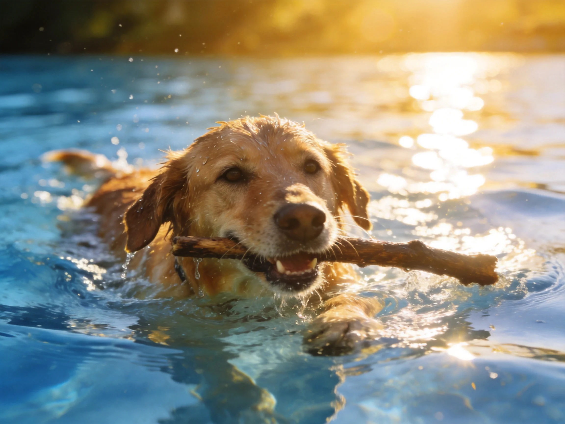 A golden retriever swims in a pool carrying a stick