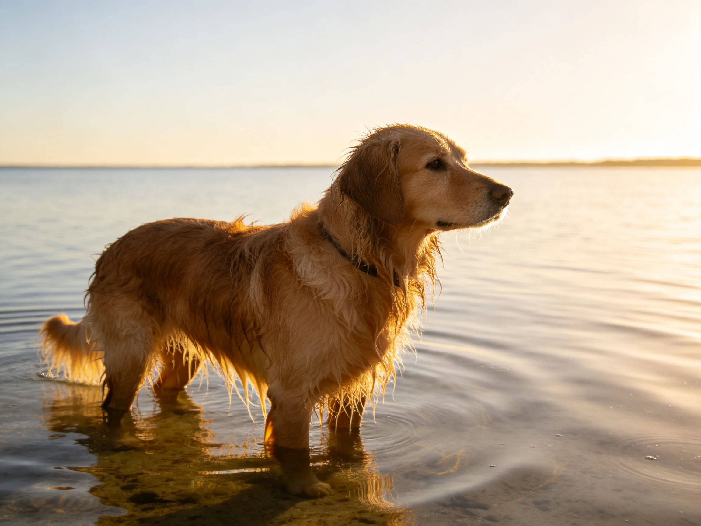 Golden retriever wades in calm water at sunset