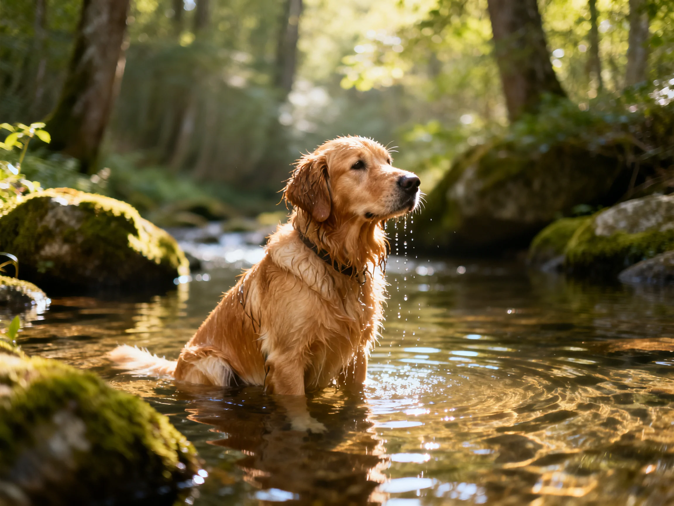 Golden retriever wading in a sunlit forest stream