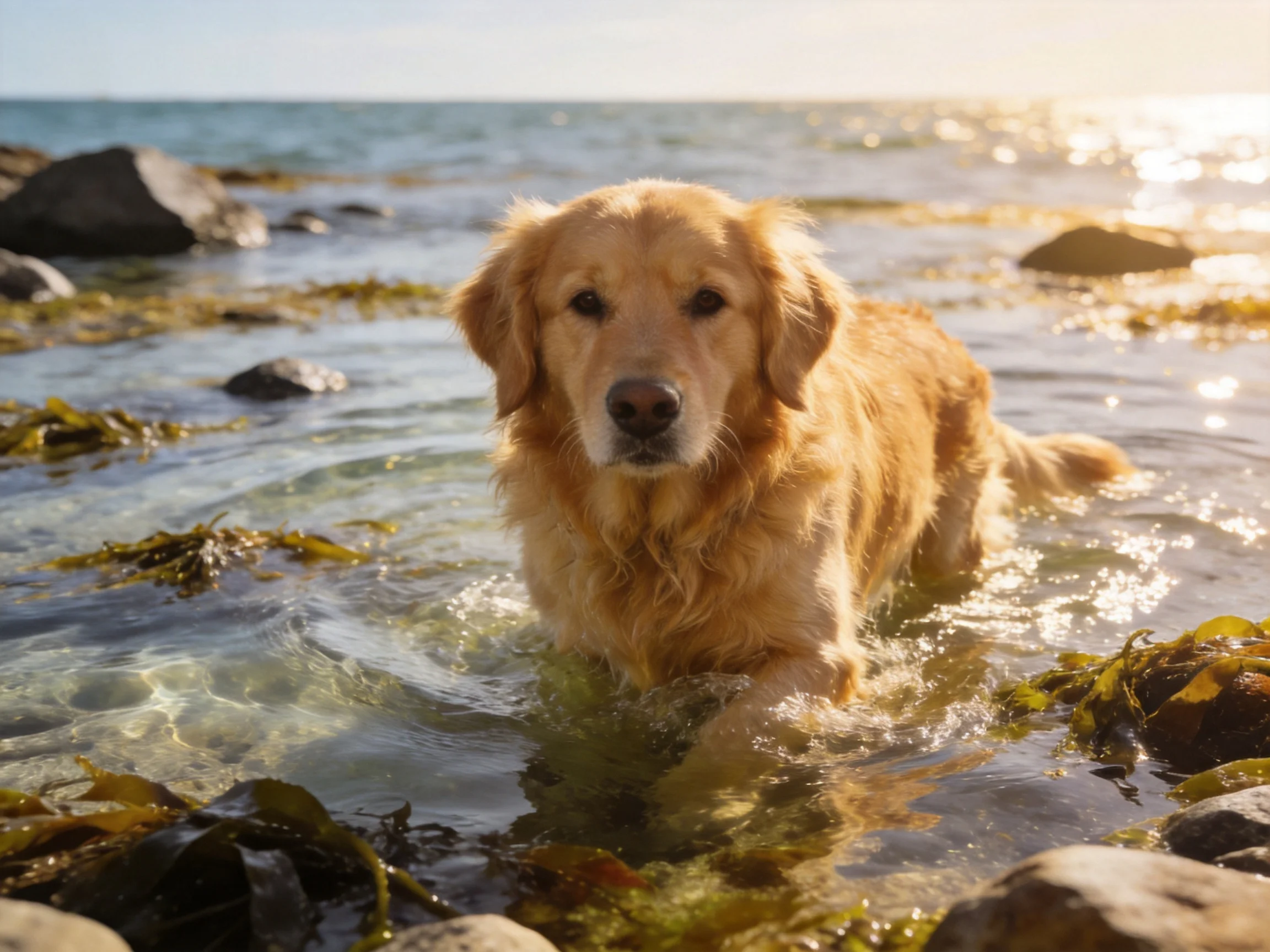 Golden retriever wading in shallow coastal waters near rocks