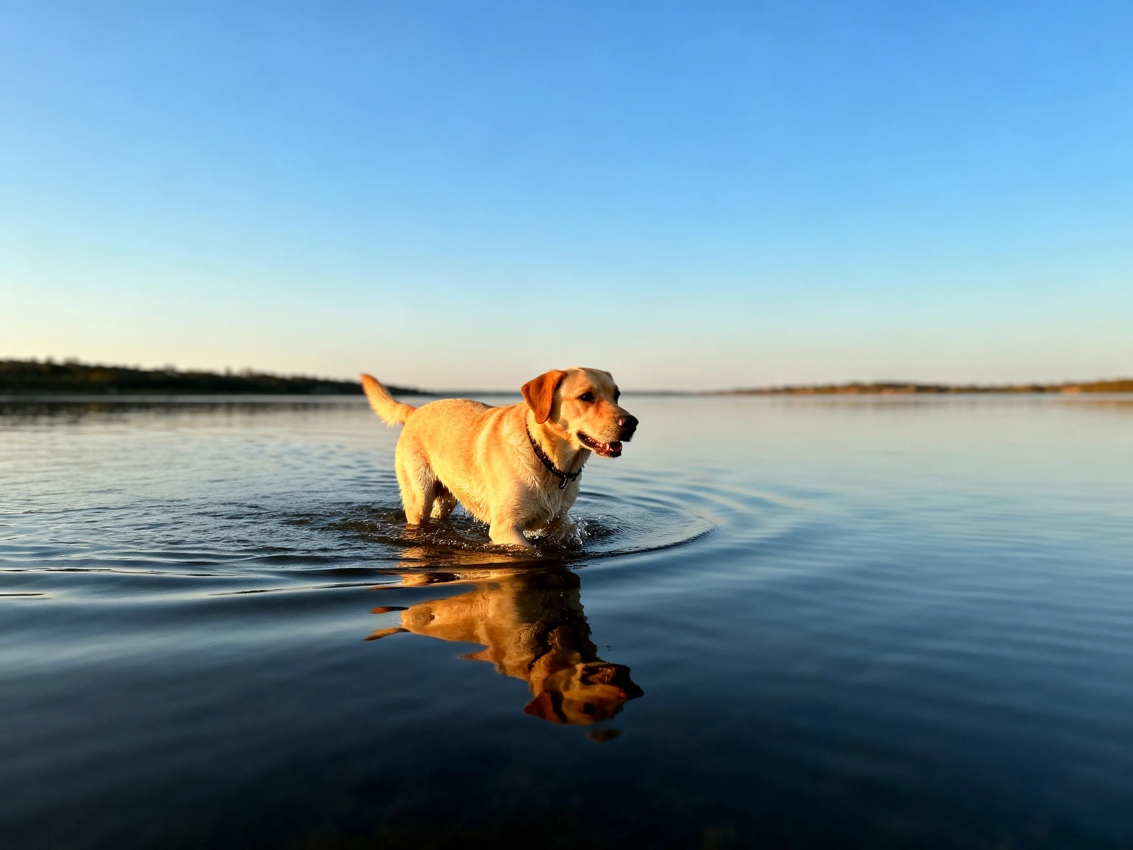 Golden retriever wading through calm blue waters near distant shore