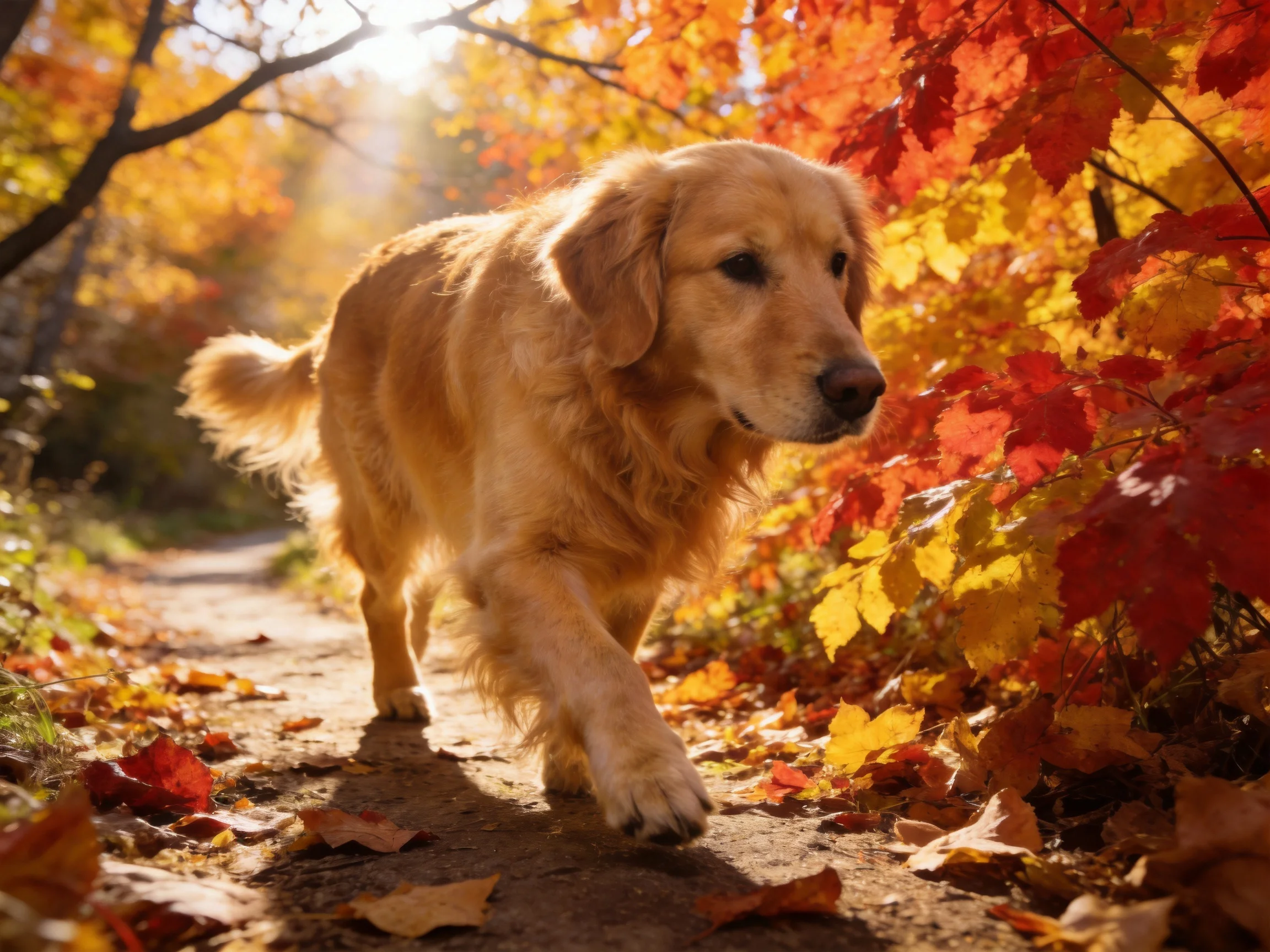 Golden retriever walking on a leaf-laden path amid vibrant fall foliage