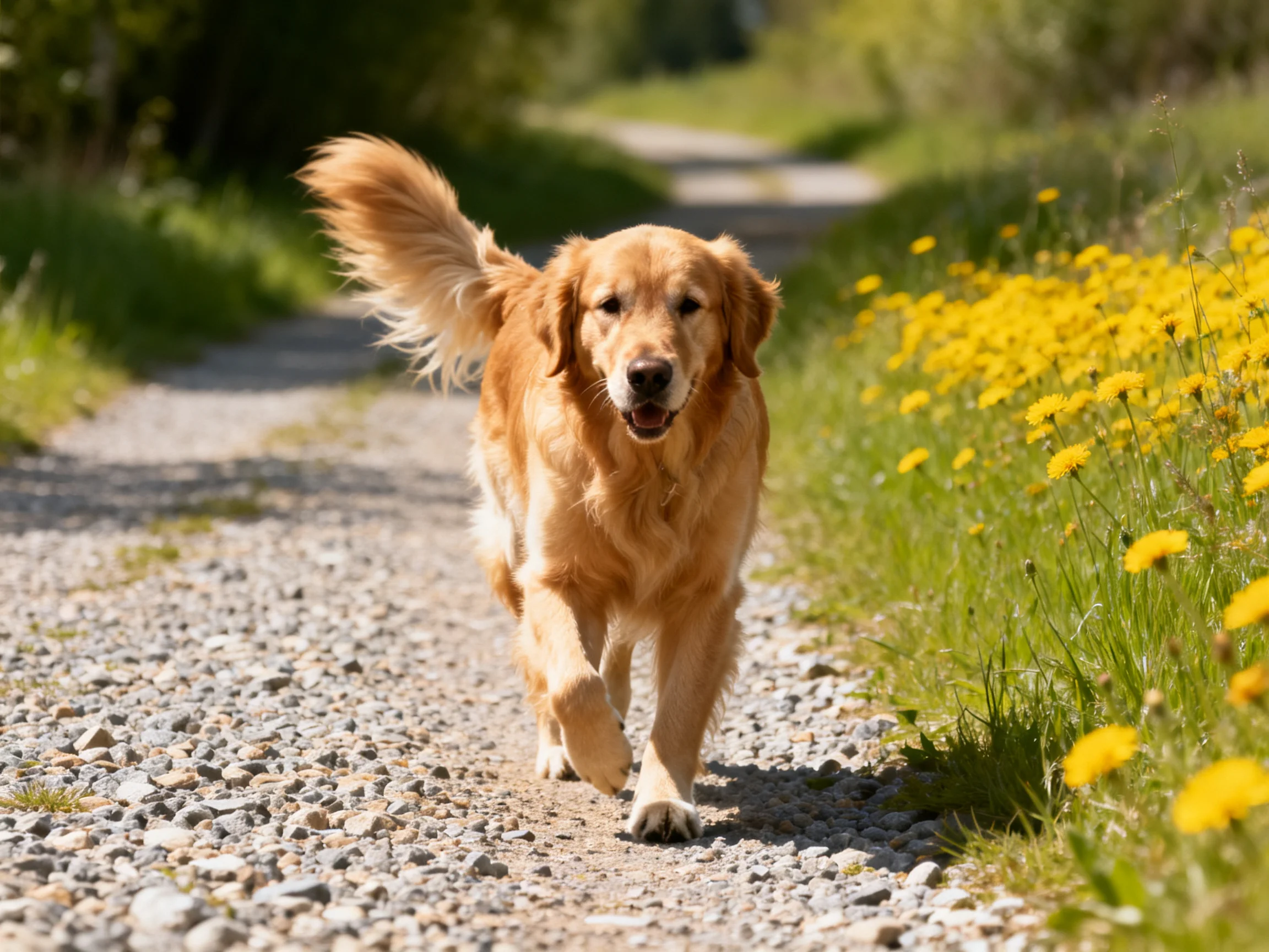 Golden retriever walking on gravel path beside vibrant yellow wildflowers