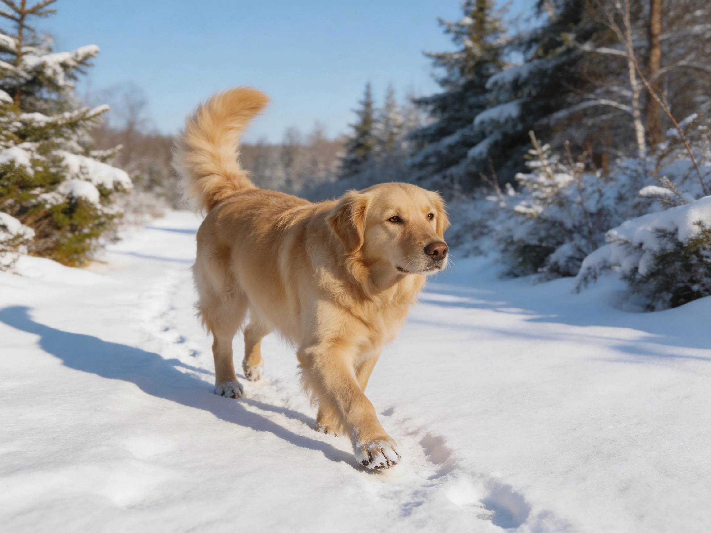 Golden retriever walking through a snow - covered forest