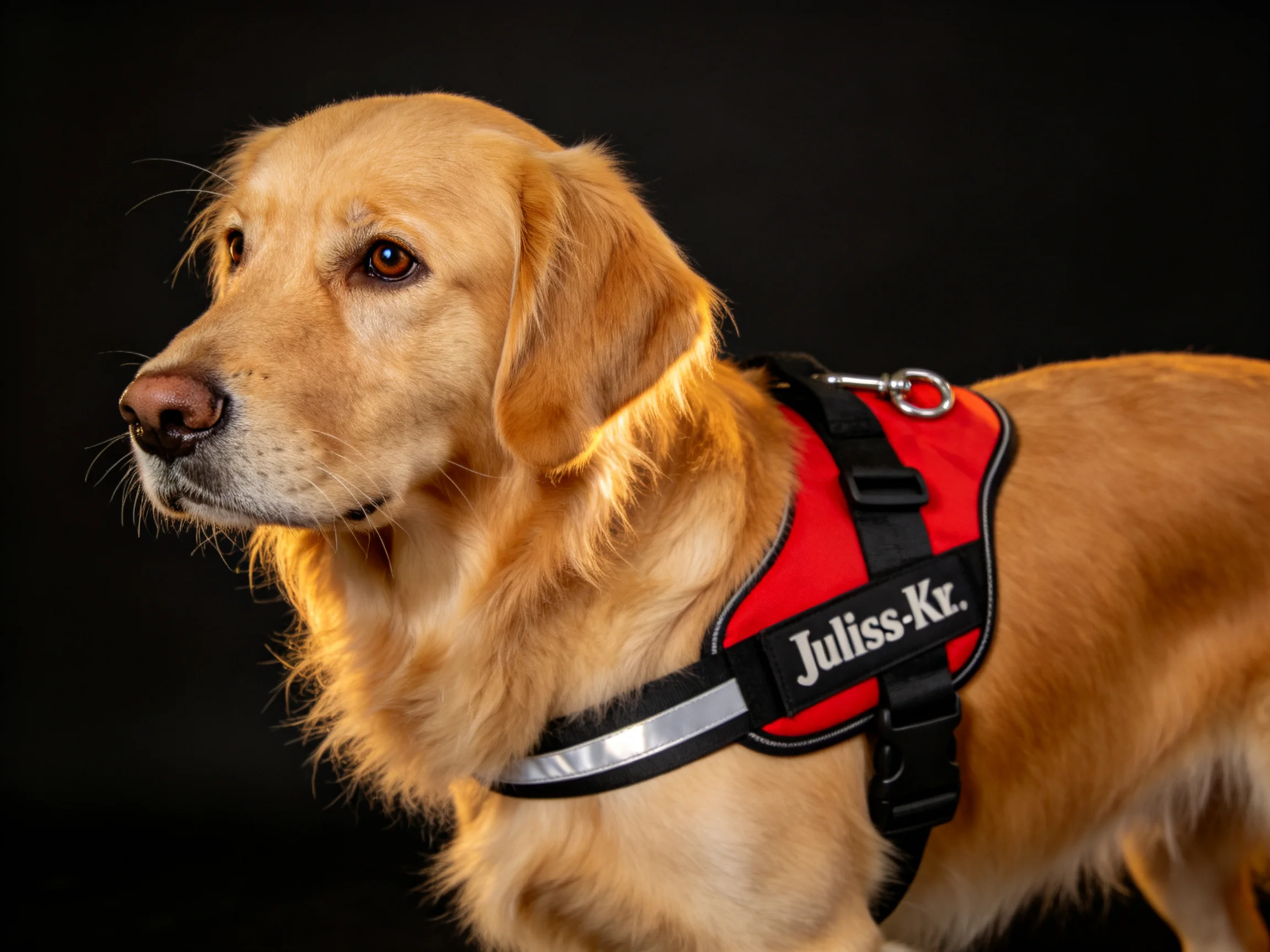 A golden retriever stands calmly in a red service harness against a dark backdrop.