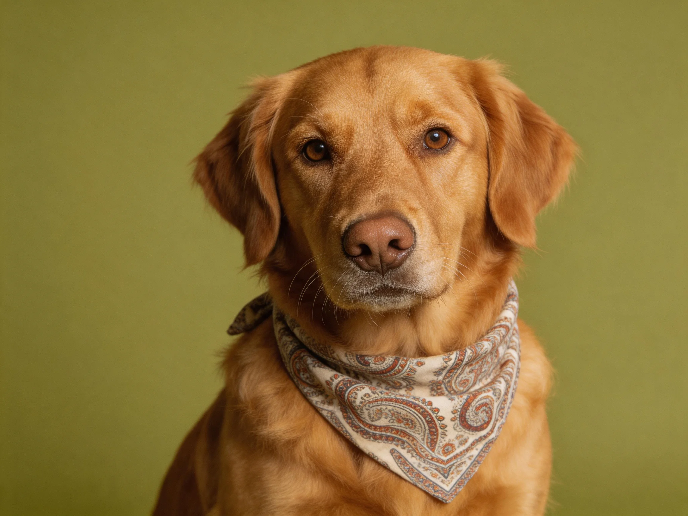 Golden retriever wearing a decorative bandana on a green backdrop
