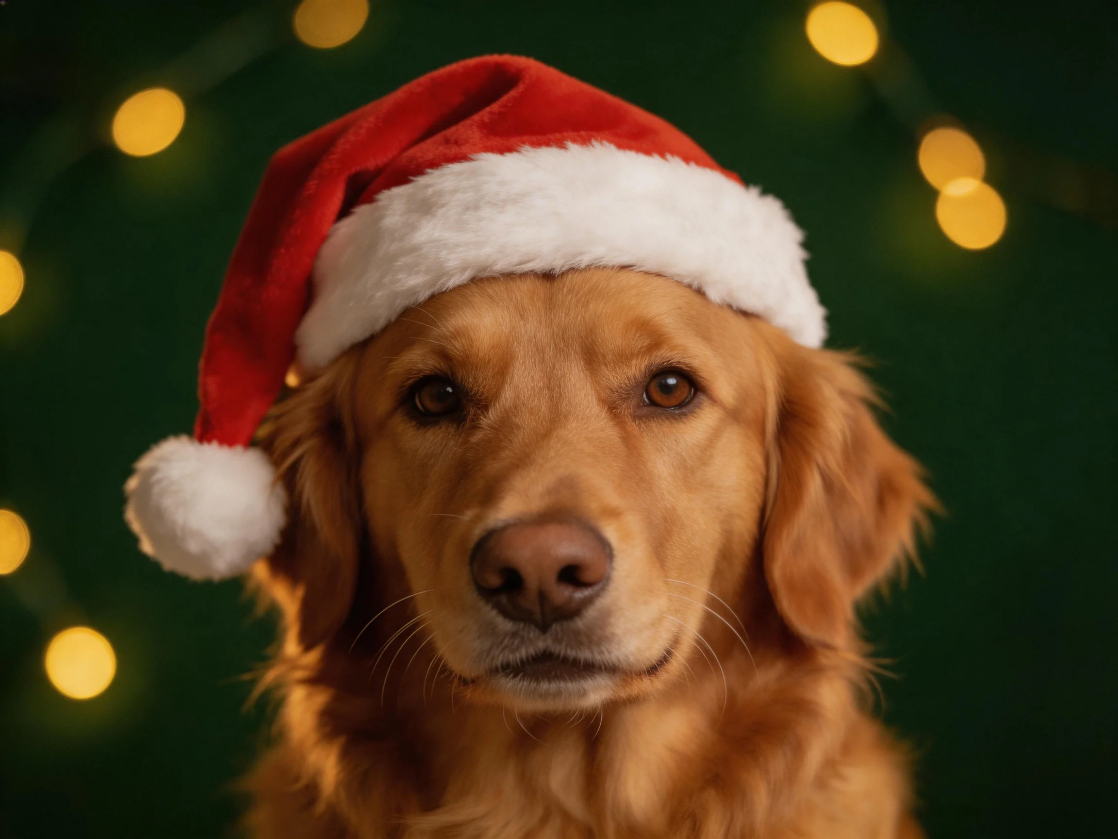 A golden retriever in a Santa hat stands among glowing lights.