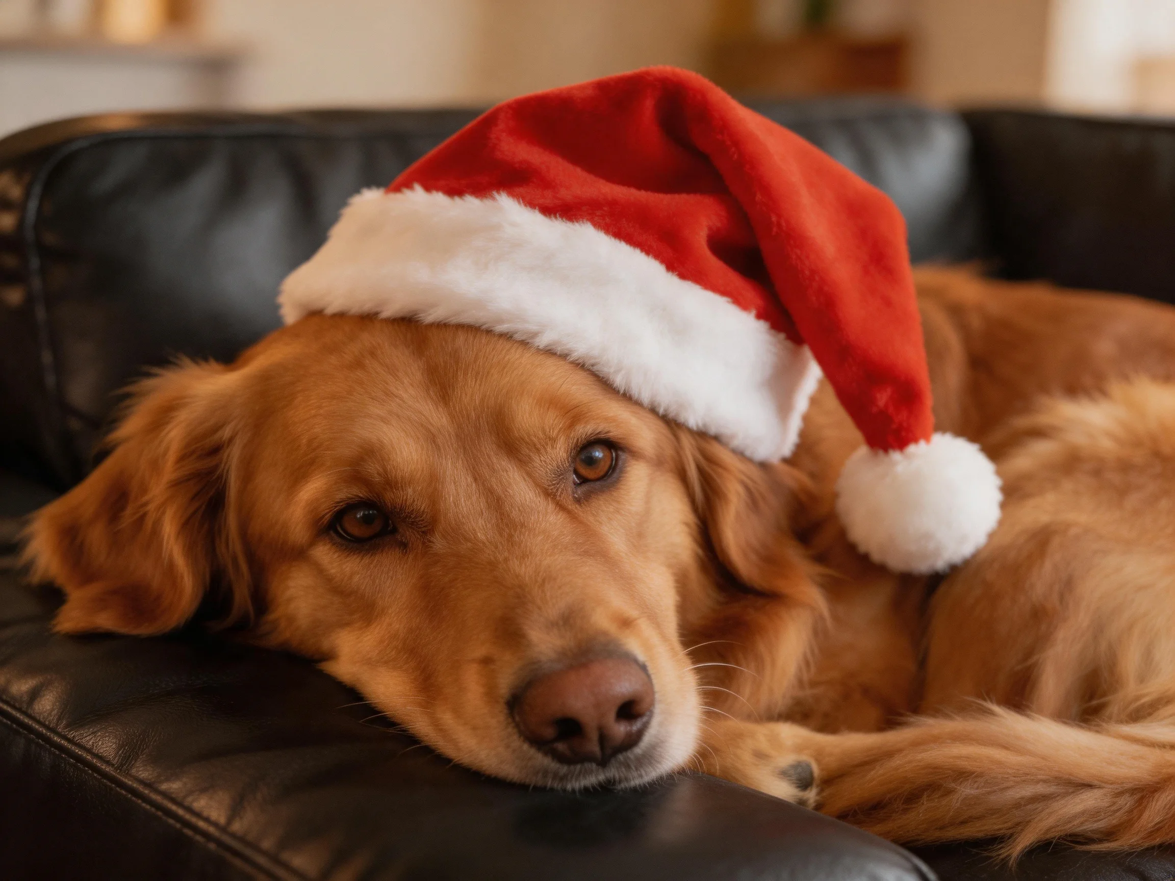 A golden retriever wears a red Santa hat while resting on a black leather couch.