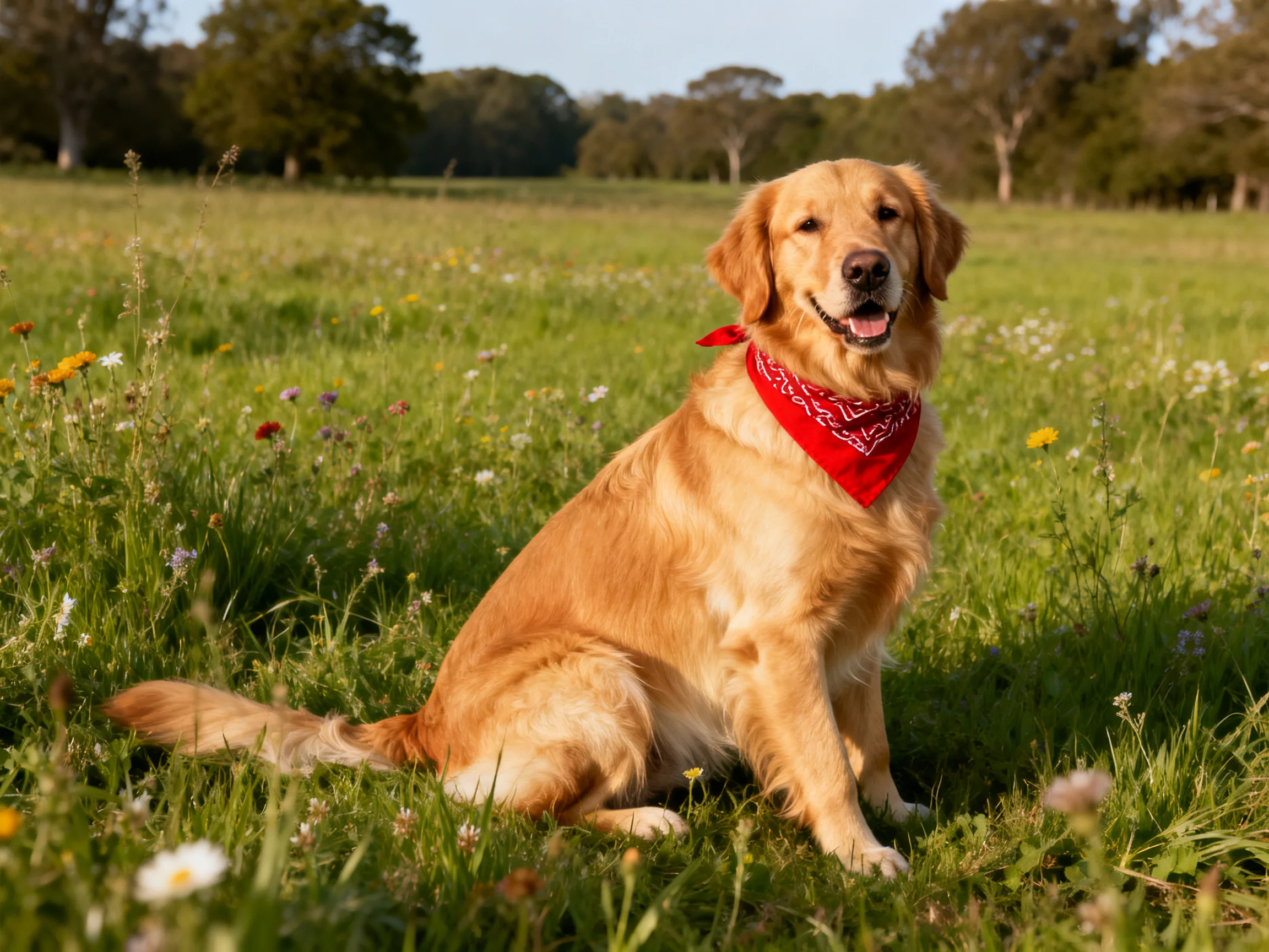 Golden retriever with red bandana sits peacefully among wildflowers in a sunlit field.