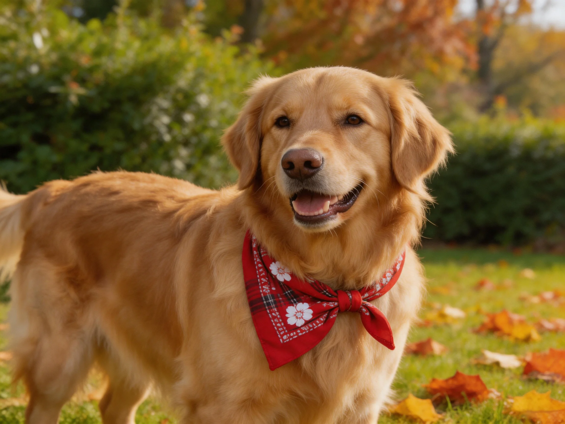 A golden retriever with a red bandana stands among autumn leaves in a garden.