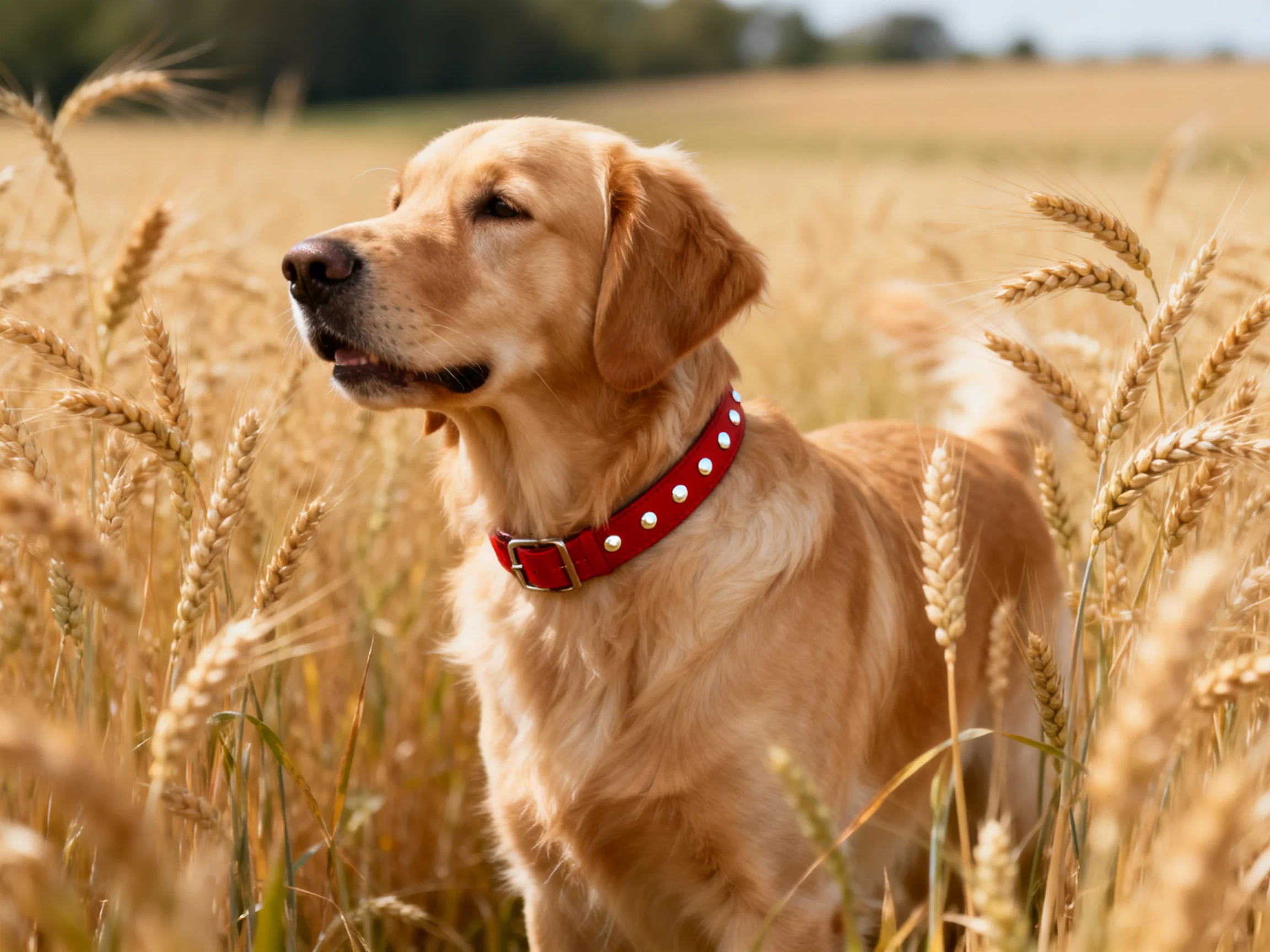 Golden retriever stands in sunlit wheat field with red collar.