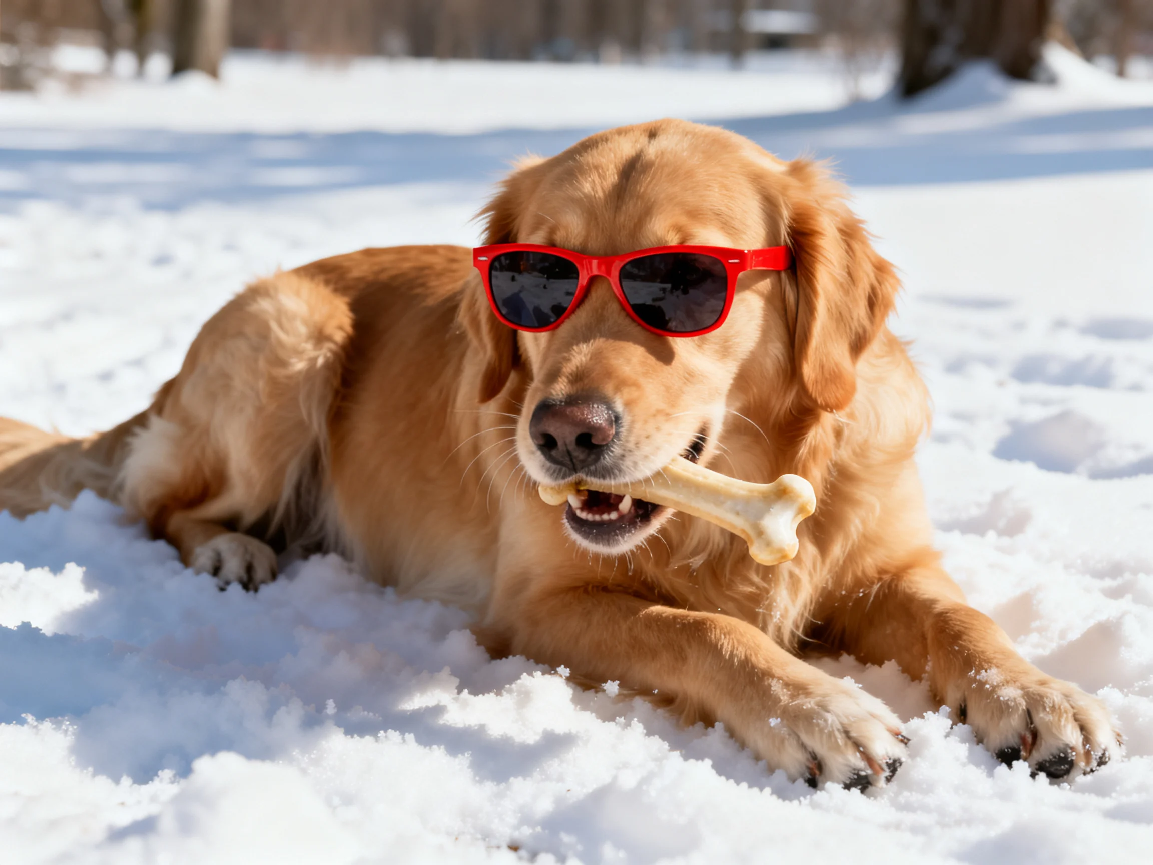 A golden retriever wearing red sunglasses lies in the snow with a bone in its mouth.