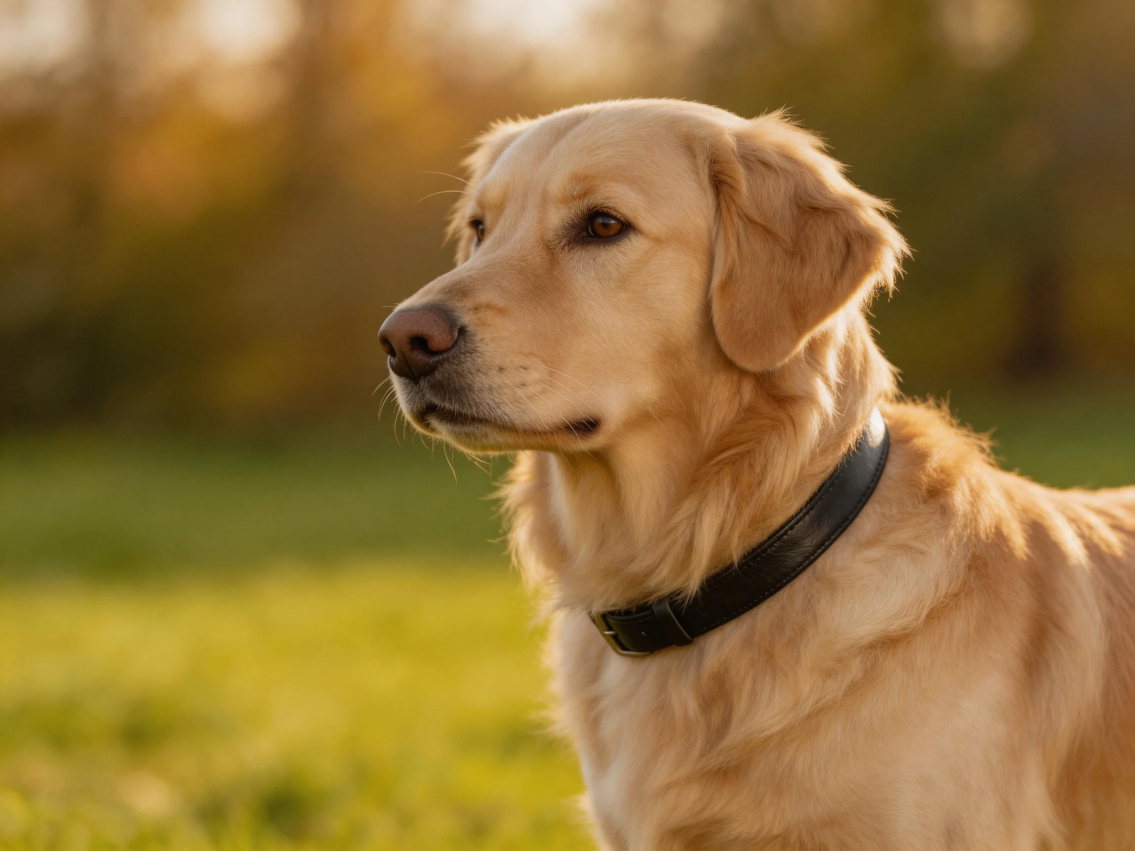 Golden retriever stands in a sunlit outdoor setting.