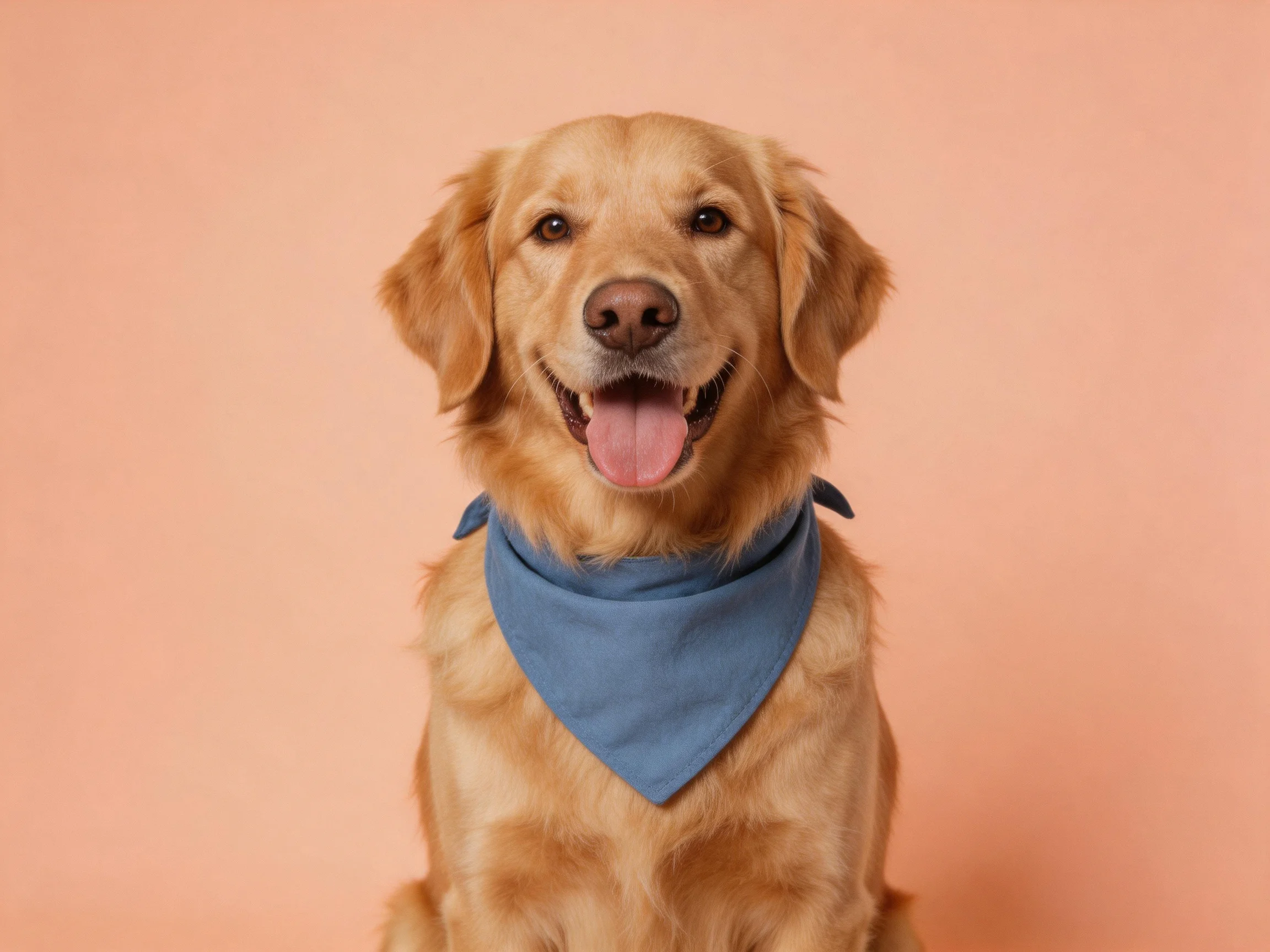 Golden retriever with blue bandana on peach background