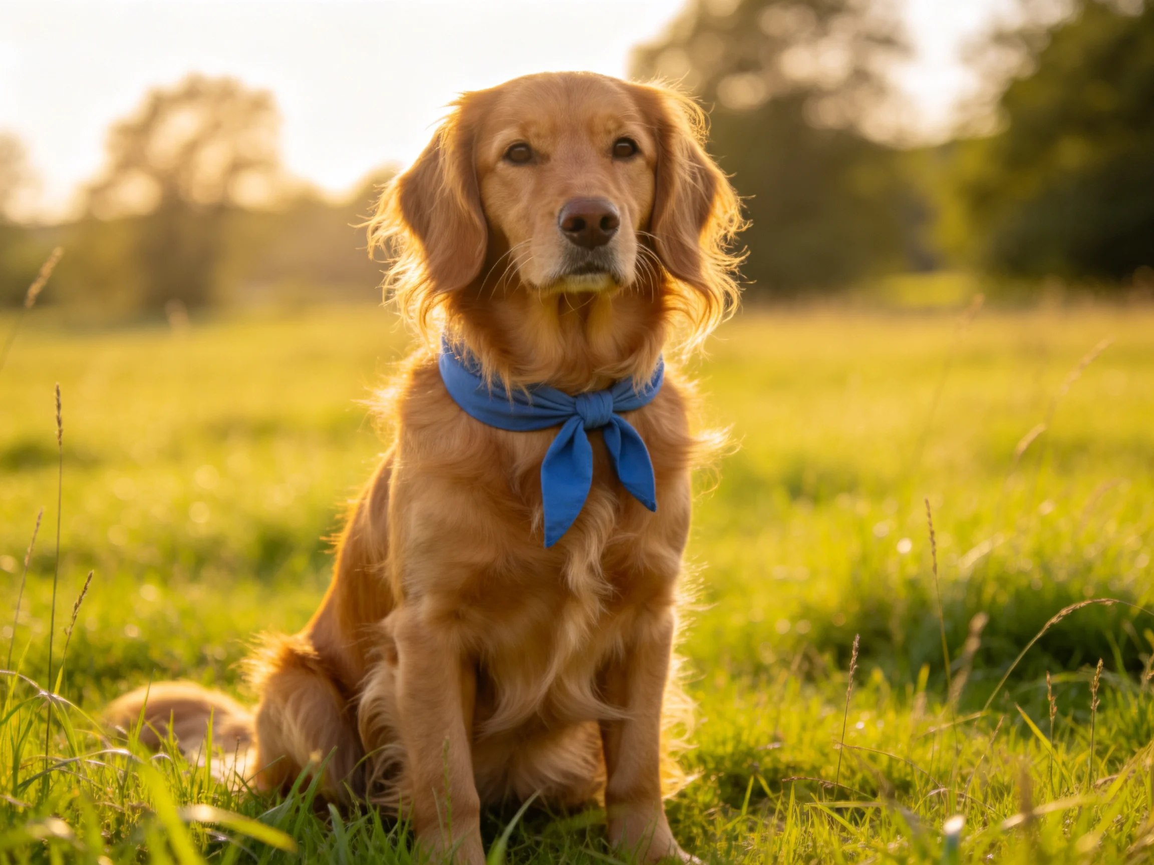 Golden retriever with blue bandana sits in sunlit meadow