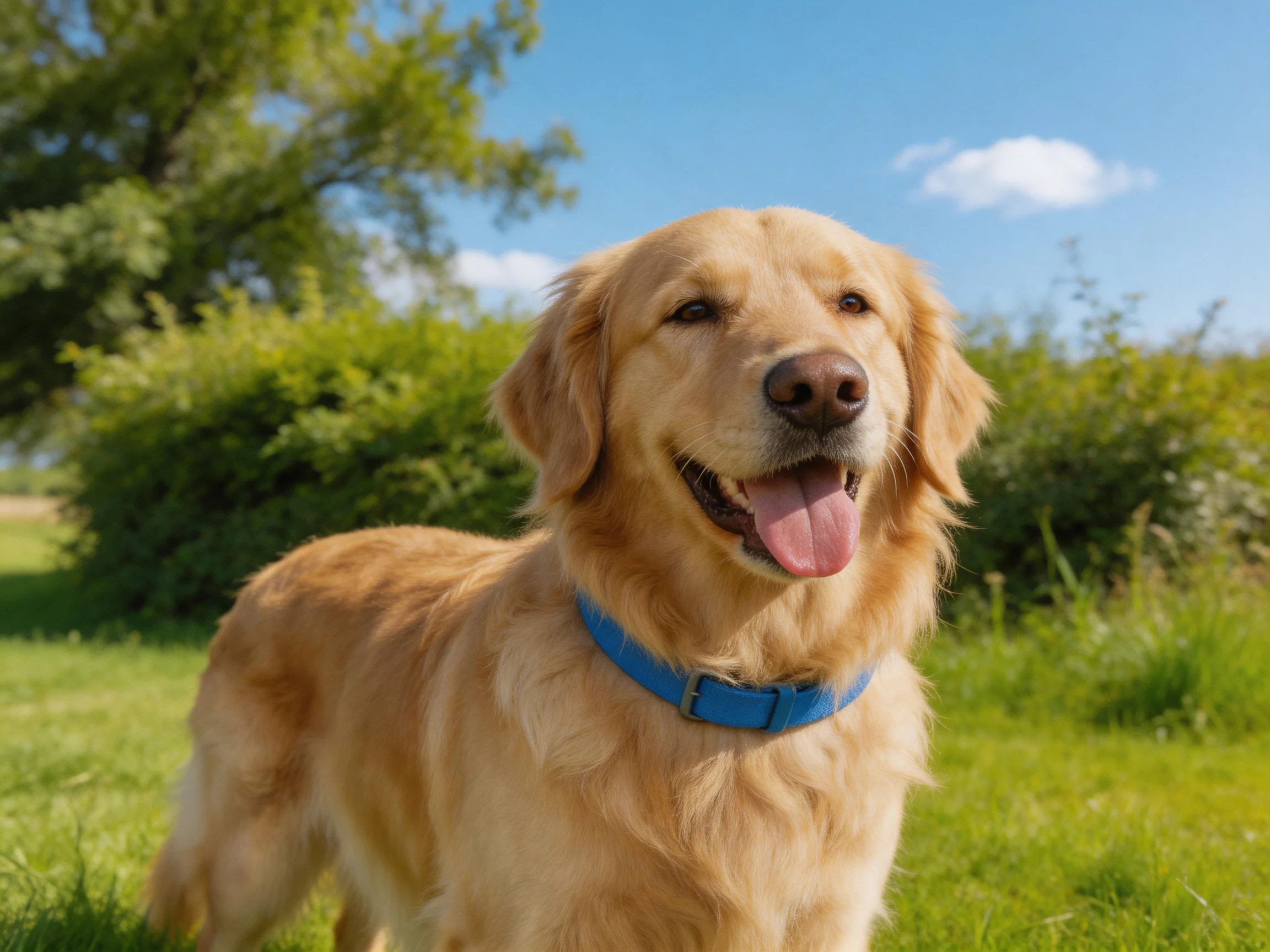 Golden retriever with blue collar in sunny green meadow