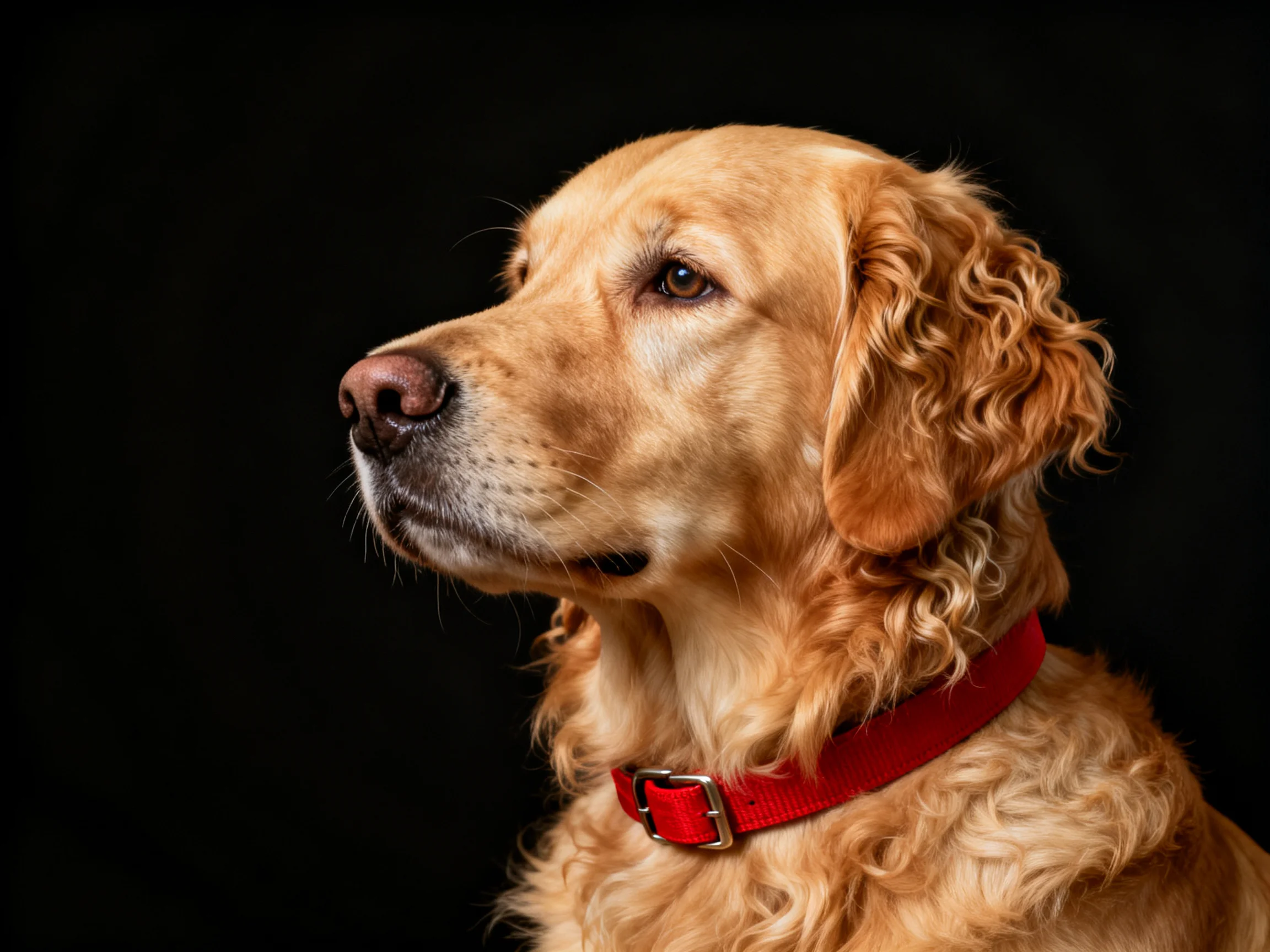 Golden retriever with curly fur, bright red collar, dark backdrop