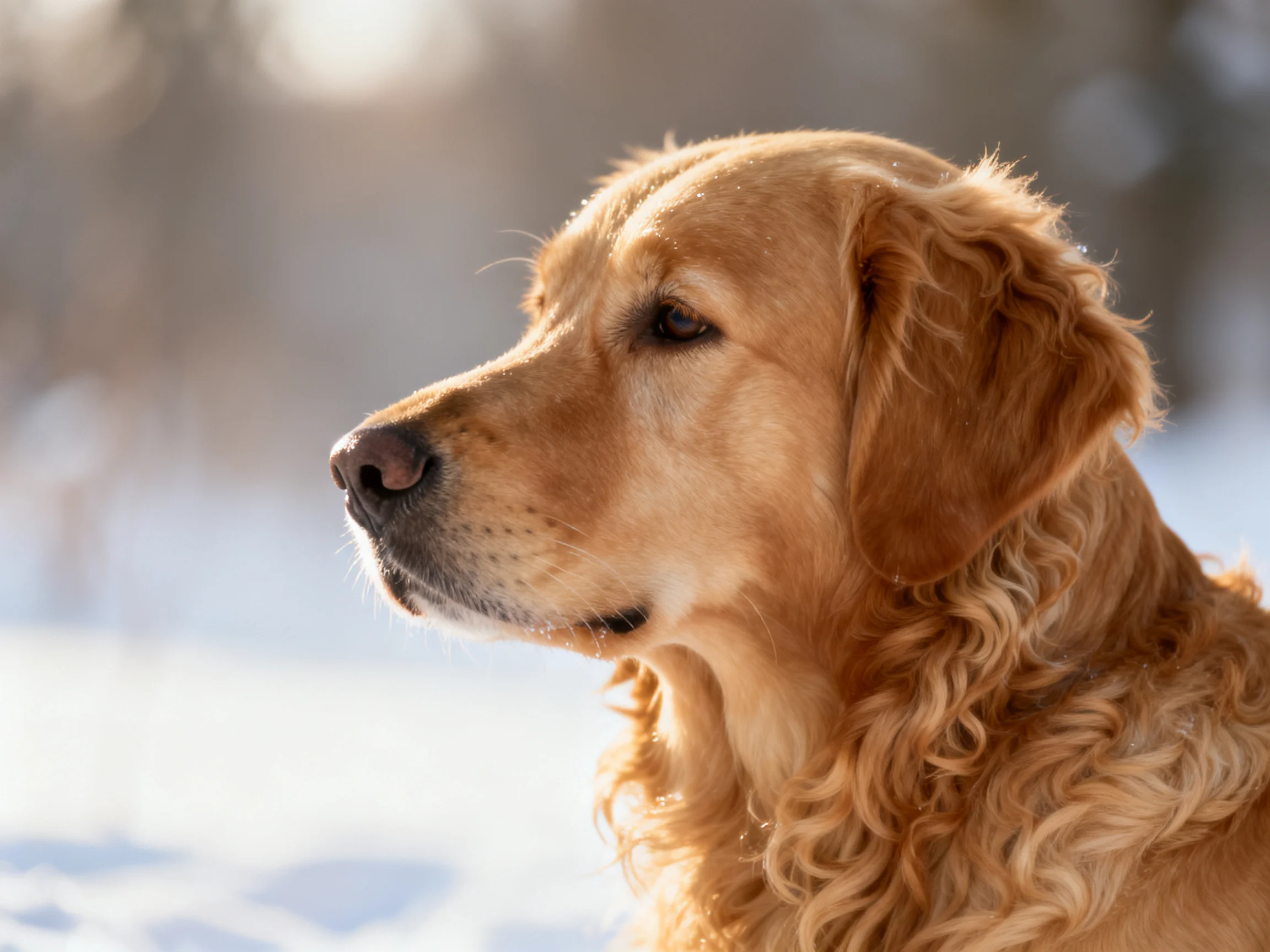 Golden retriever with curly fur in a snowy outdoor setting