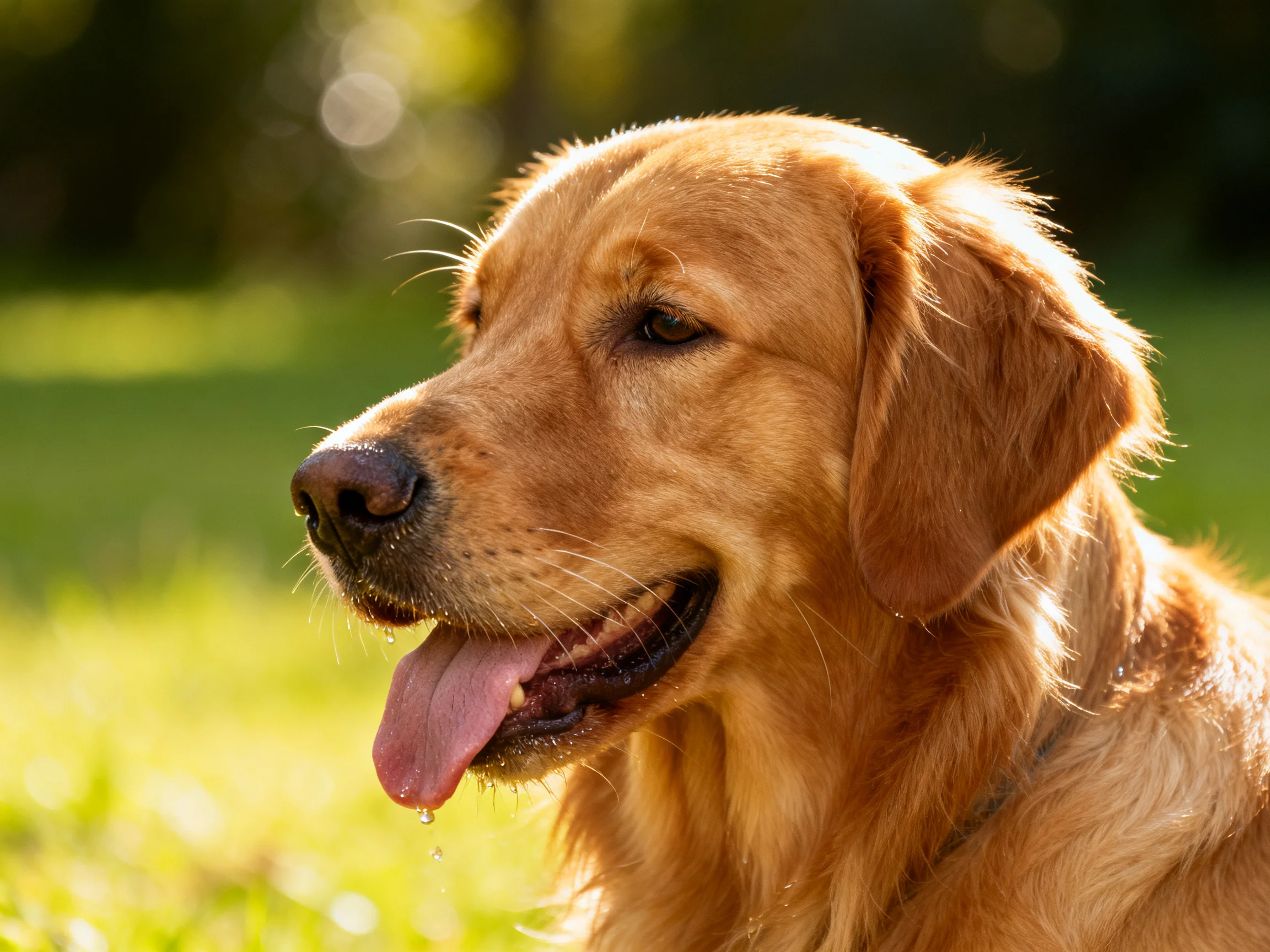 A golden retriever relaxes outdoors with tongue extended