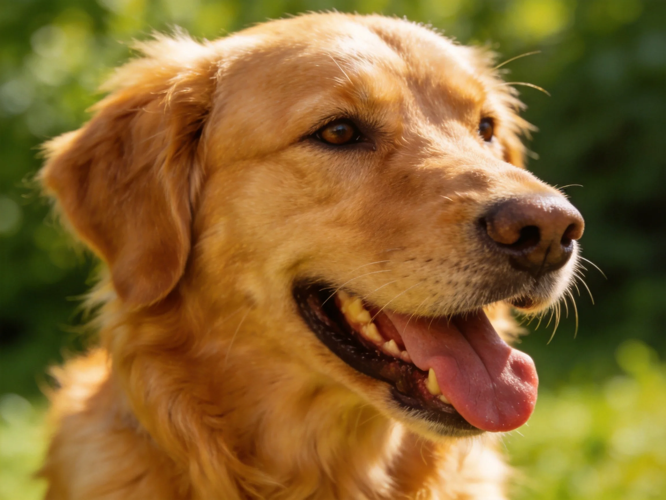 Golden retriever enjoys a sunny day with mouth open.