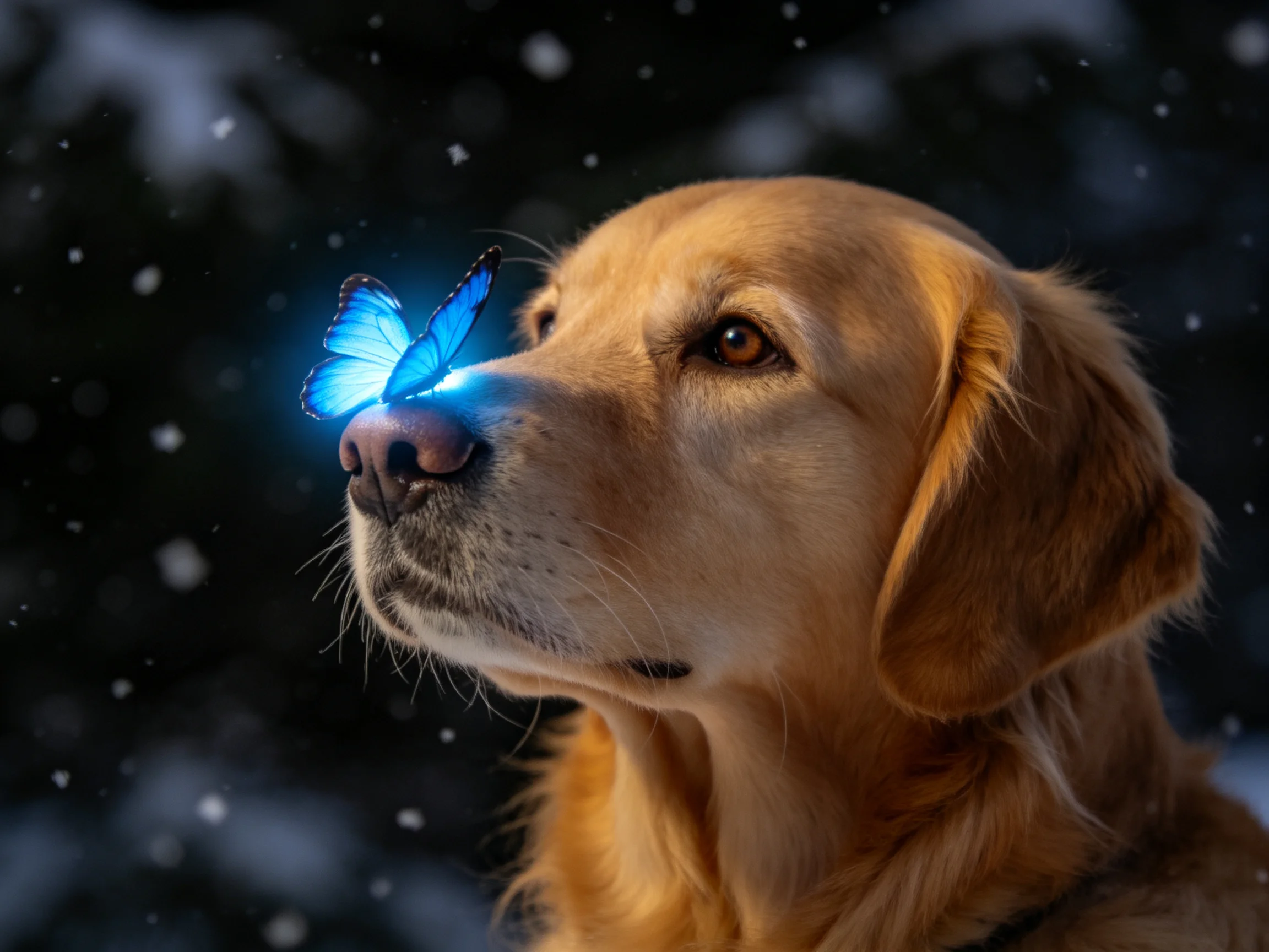 Golden retriever with glowing blue butterfly on nose in snowy nighttime setting