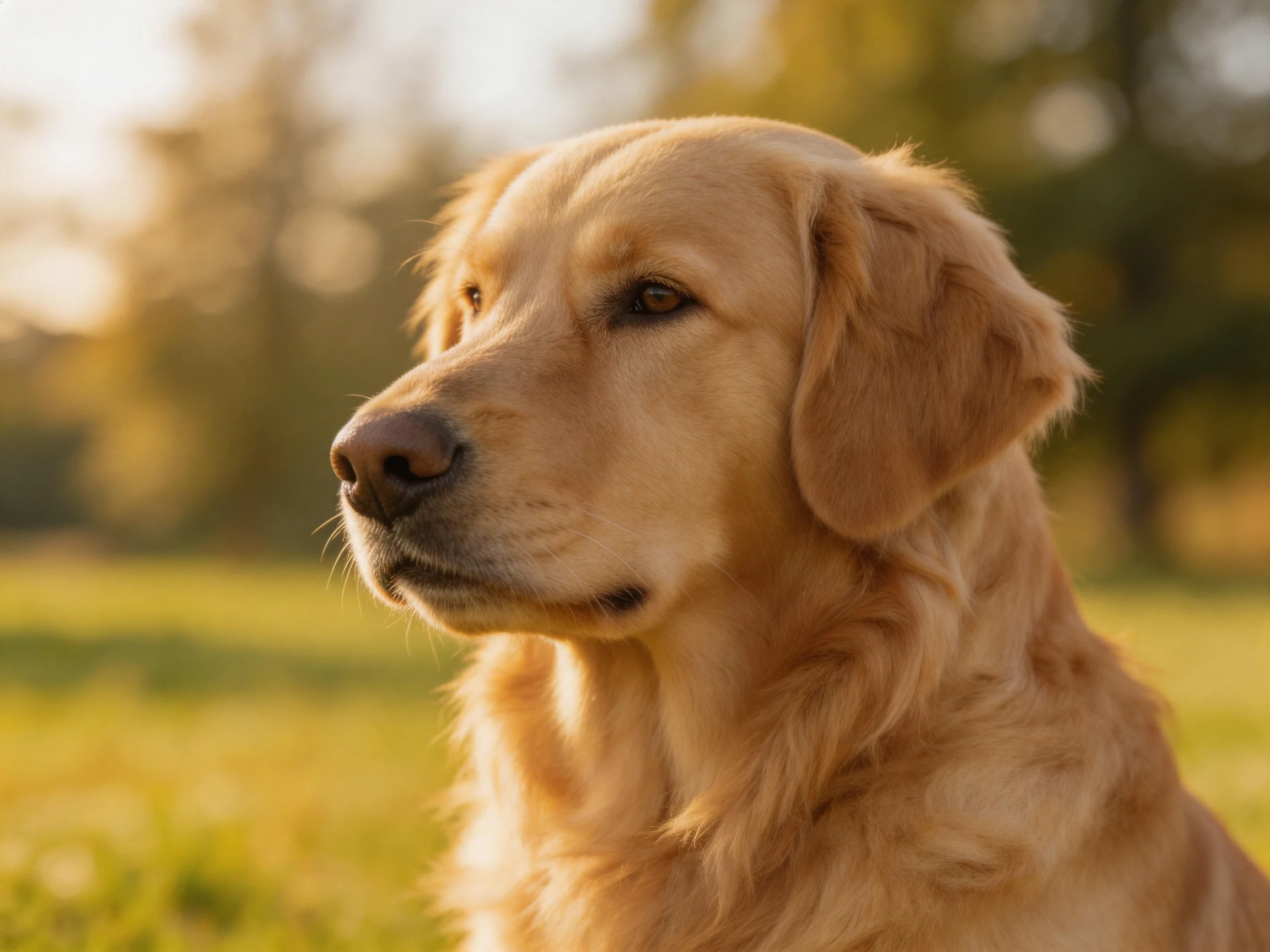 Golden retriever gazes contemplatively into a sunlit outdoor space.