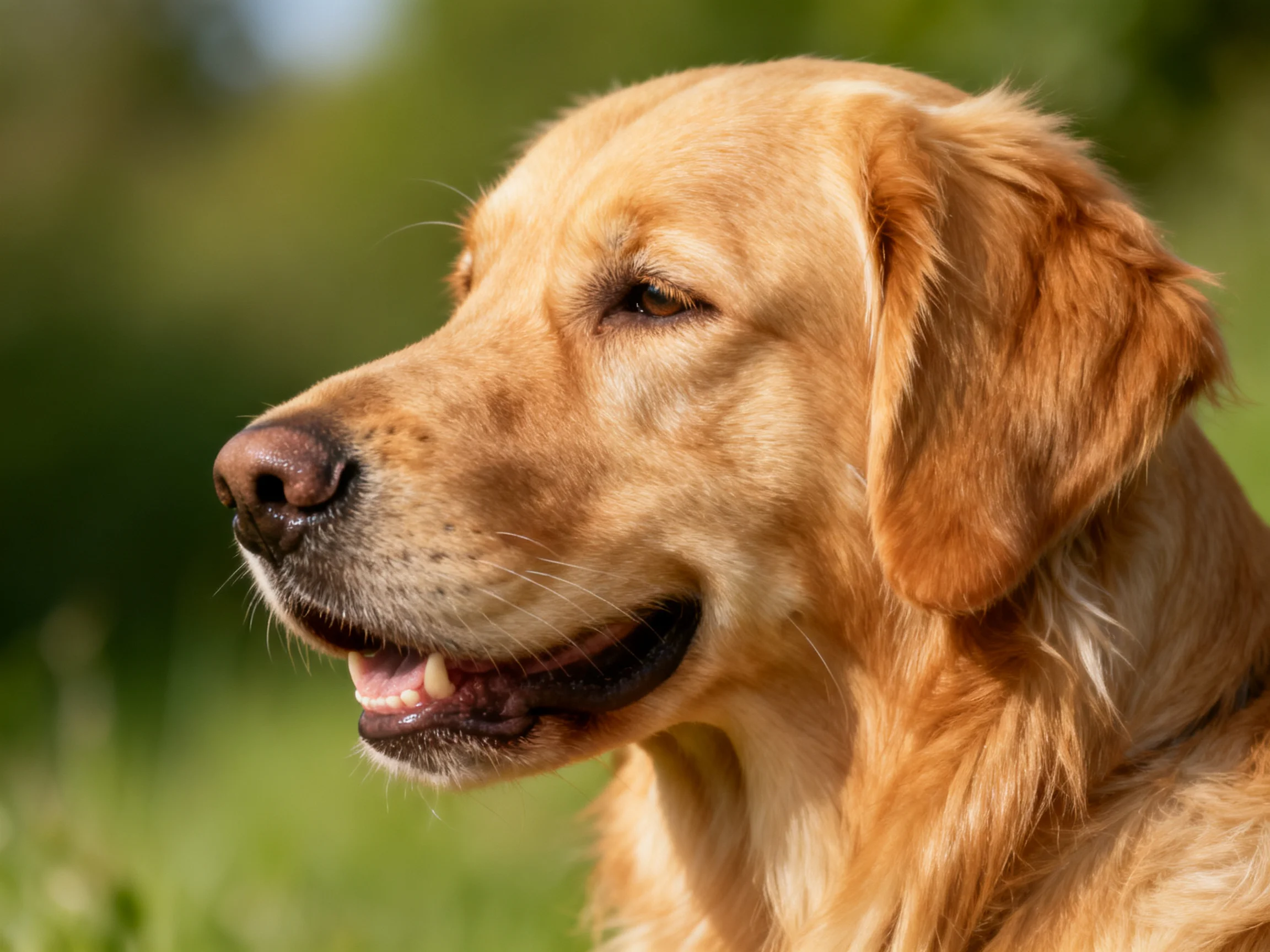 A golden retriever relaxes in a sunlit outdoor field.
