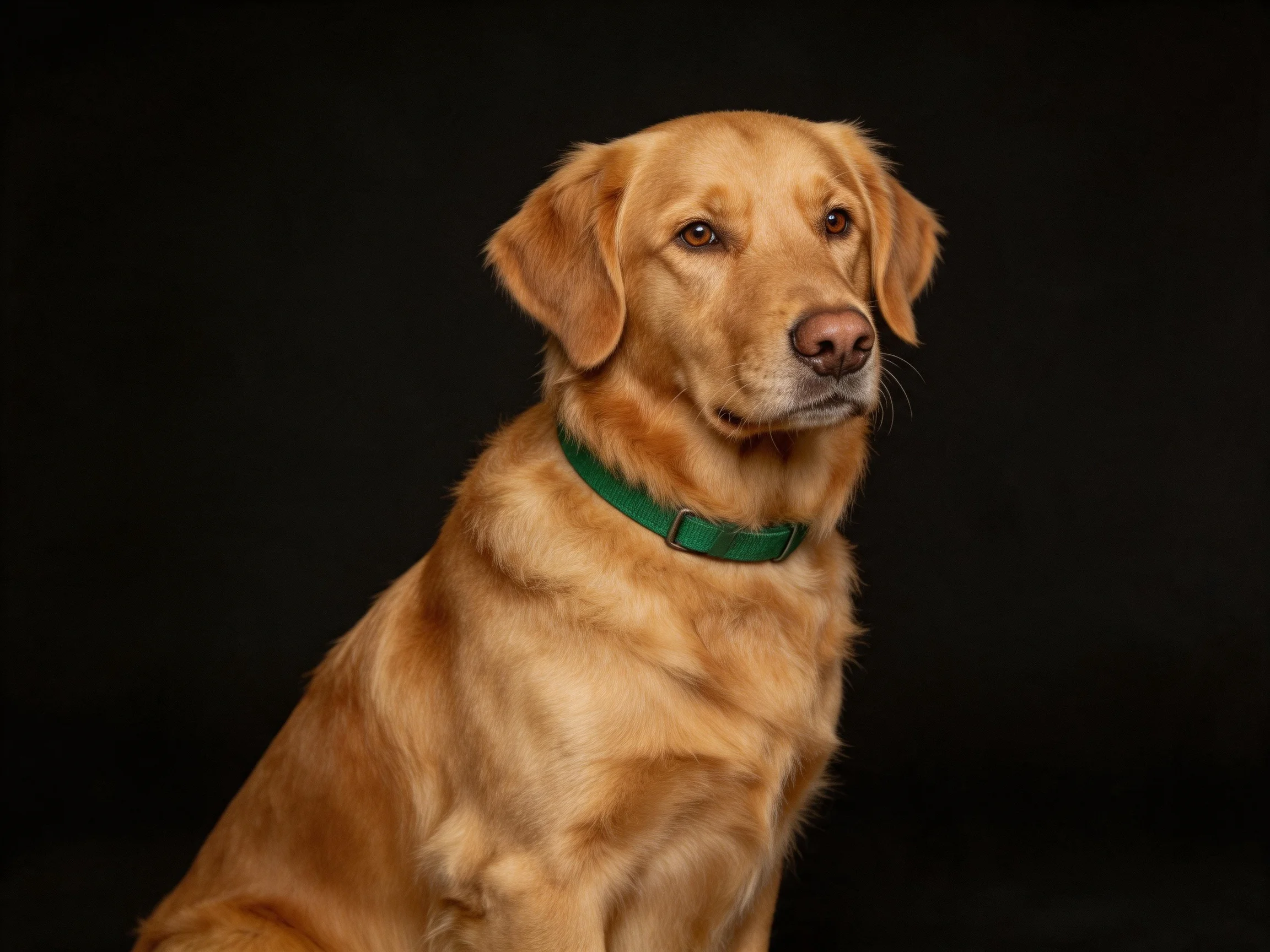 A golden retriever with a green collar is photographed against a dark backdrop.
