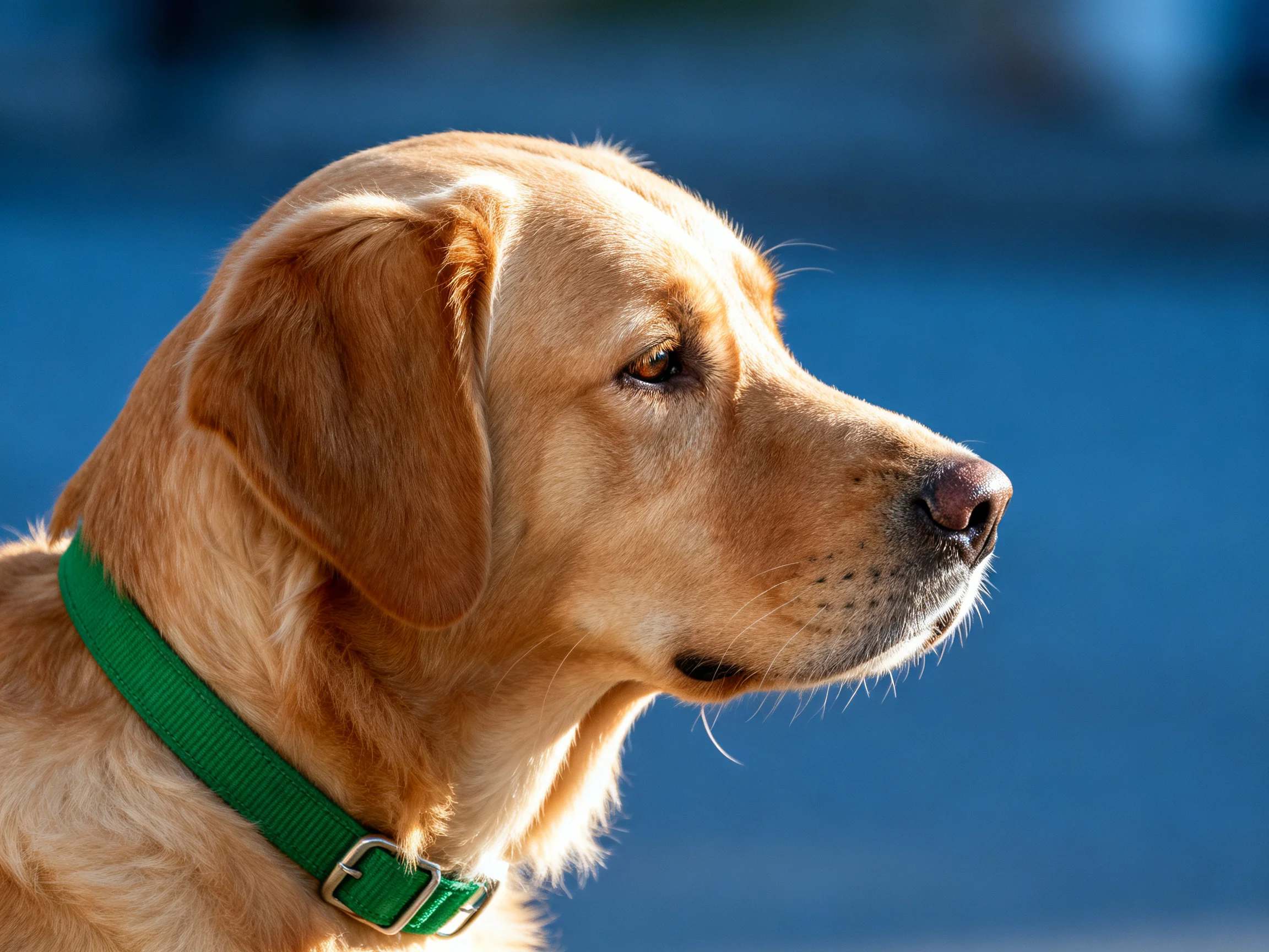 A golden retriever with a green collar looks intently toward the side.