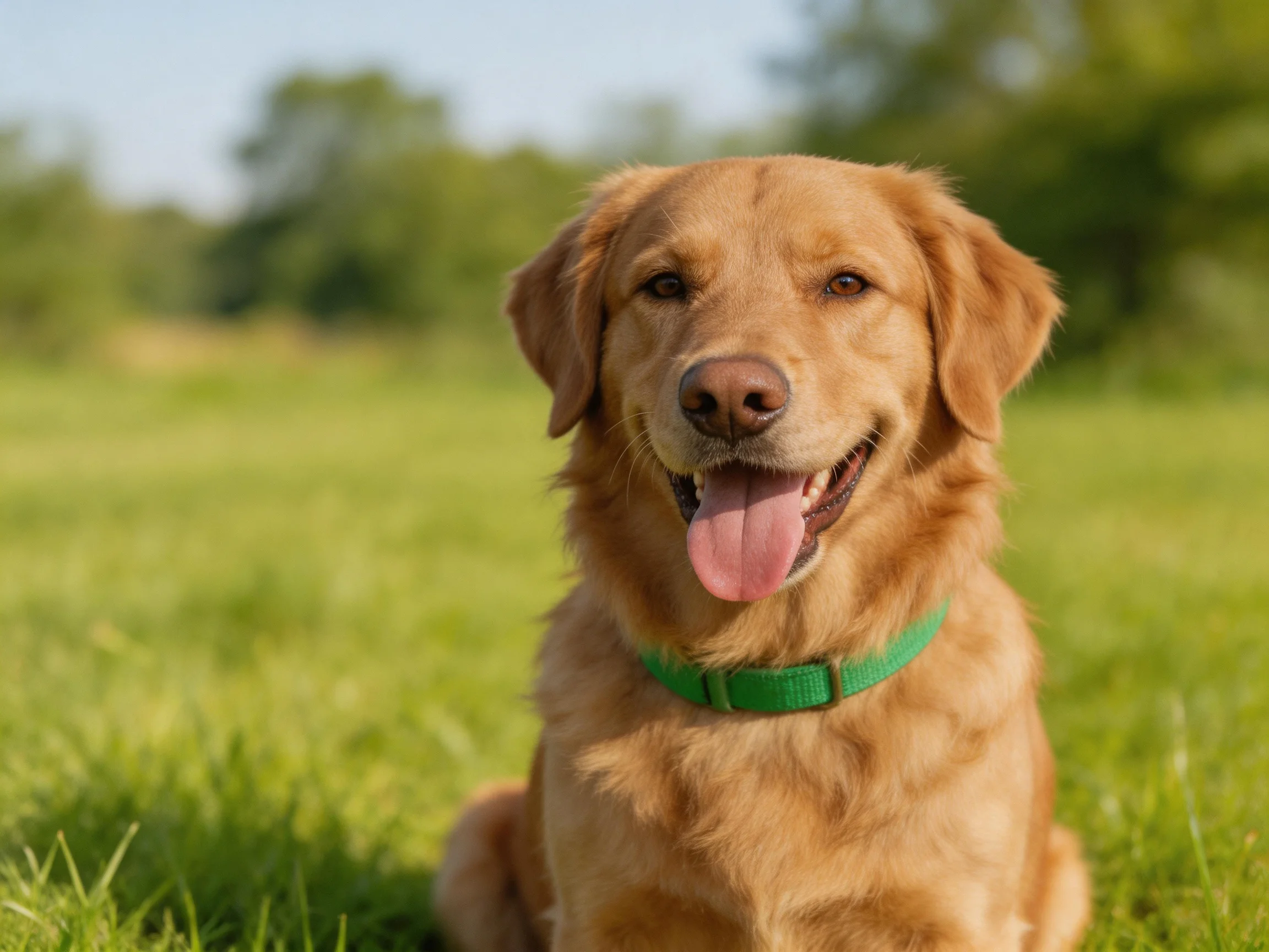 Golden retriever with green collar relaxes in a sunlit grassy field.