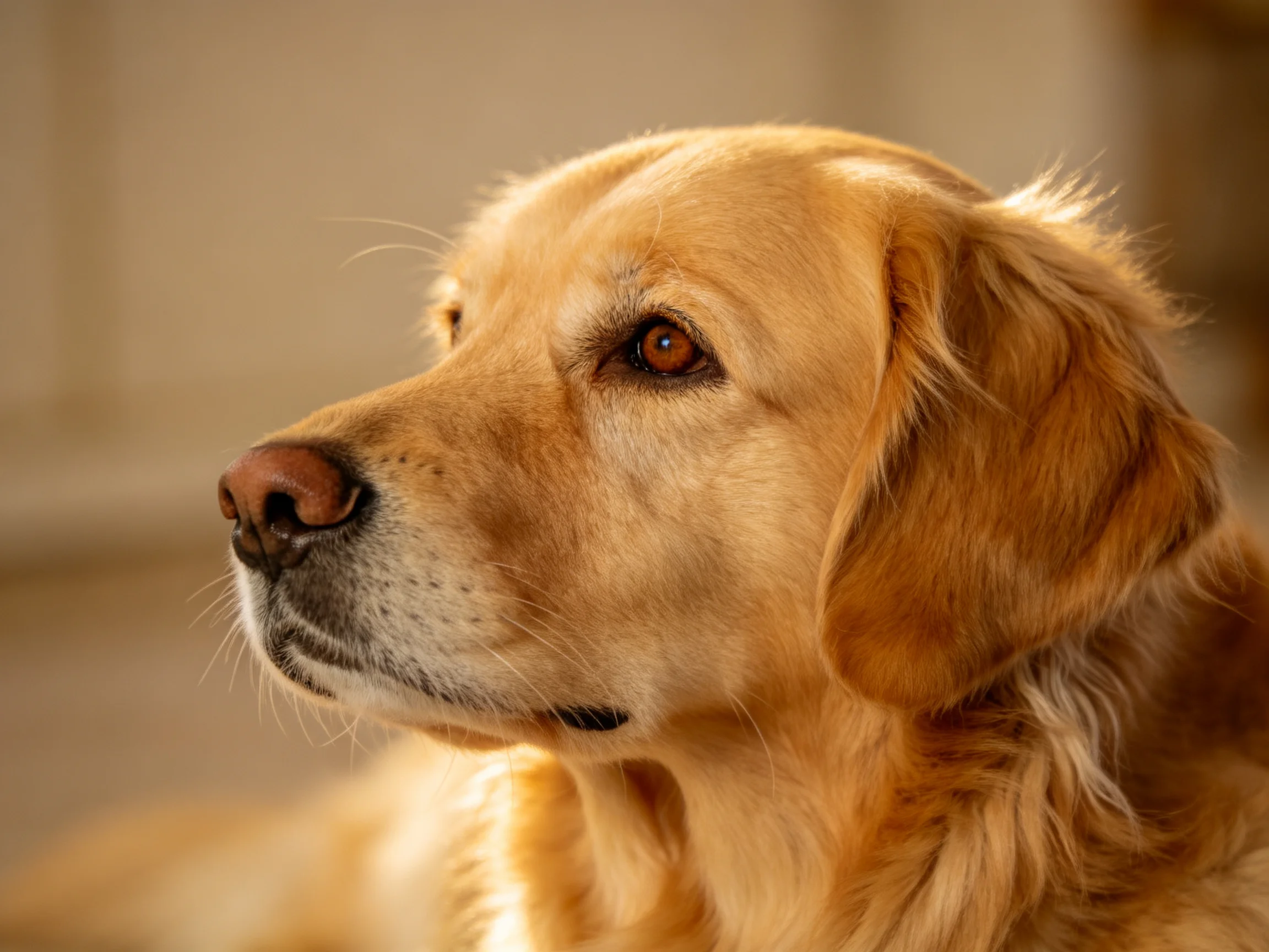 A golden retriever gazes thoughtfully in a softly lit environment.