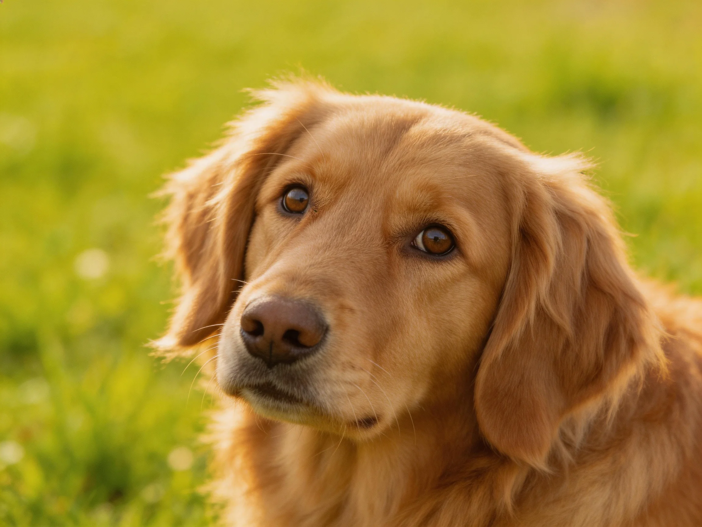 Golden retriever gazes calmly among lush green grass.