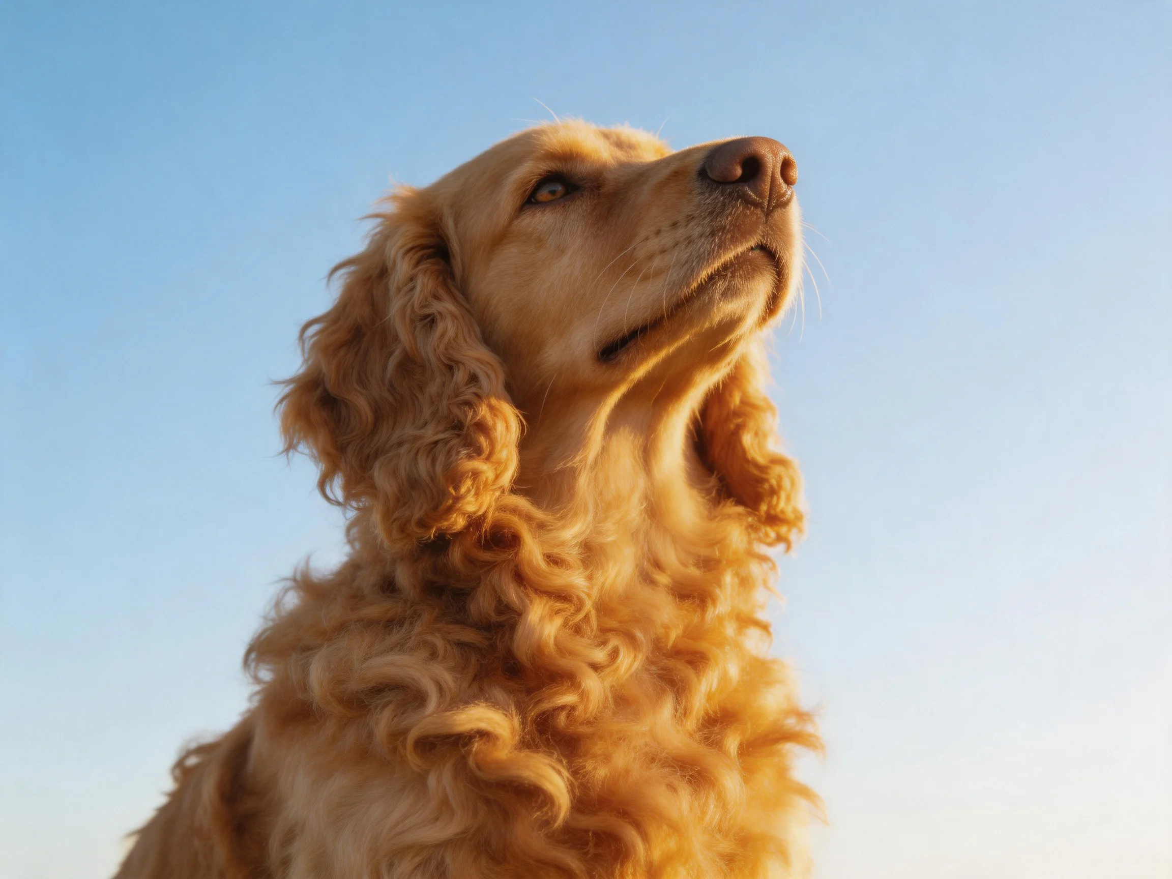 A golden retriever with long, curly fur looks upward into a clear blue sky.