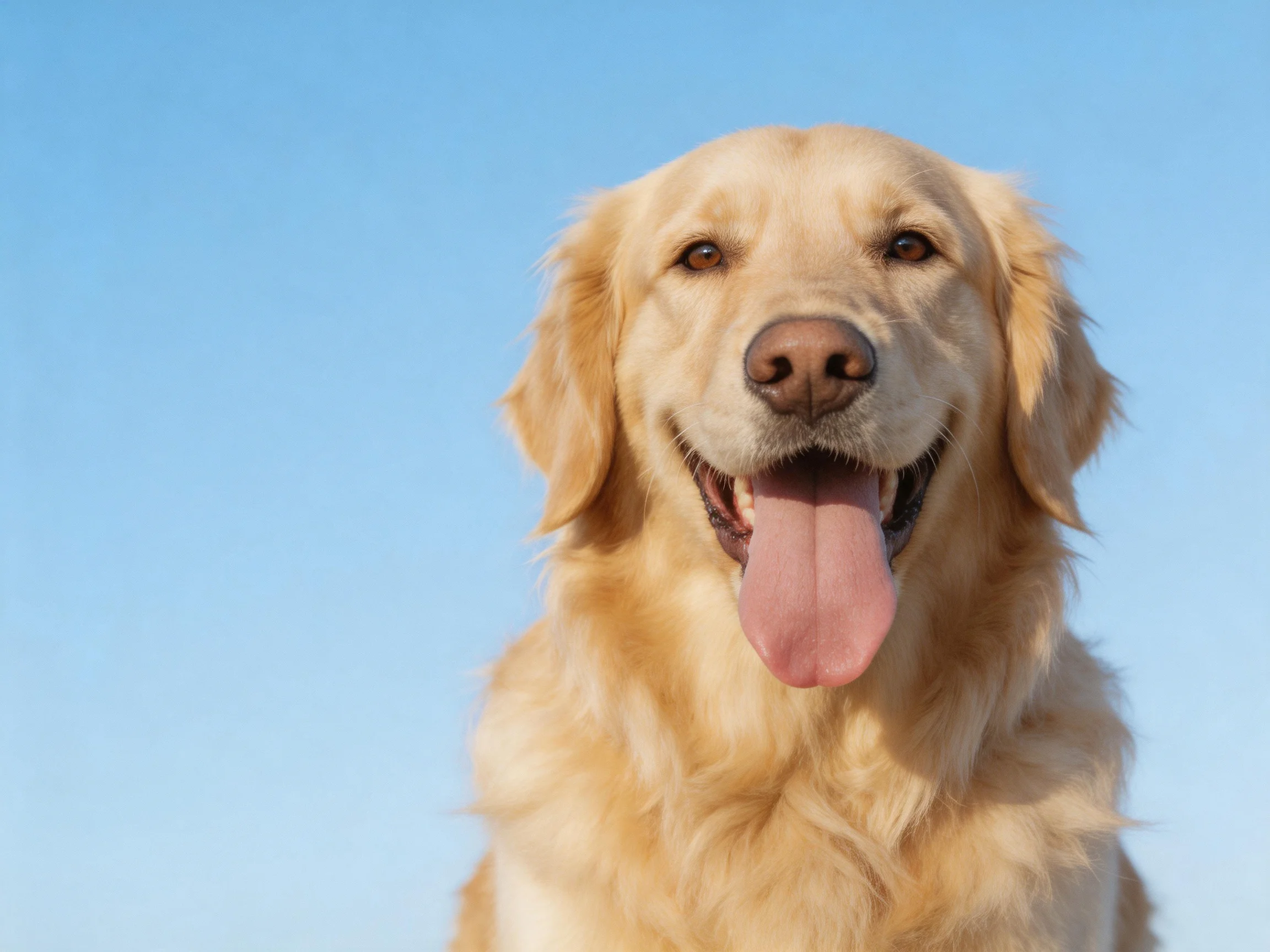 Golden retriever with long, fluffy fur against a clear blue sky