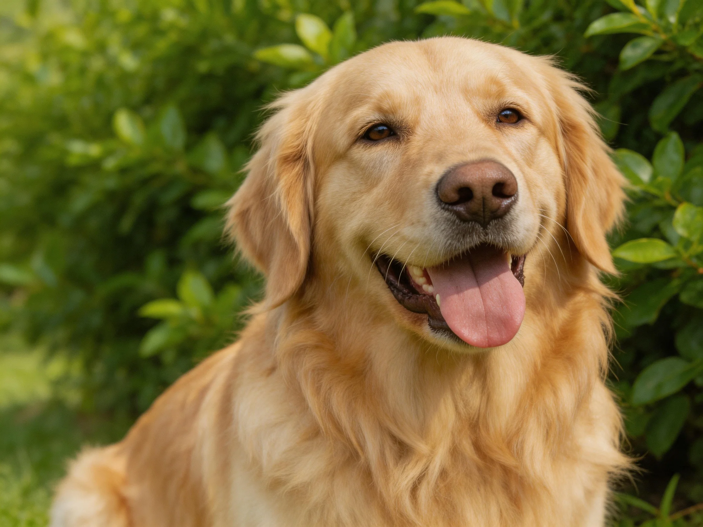 Golden retriever with long, wavy fur beside lush green bushes