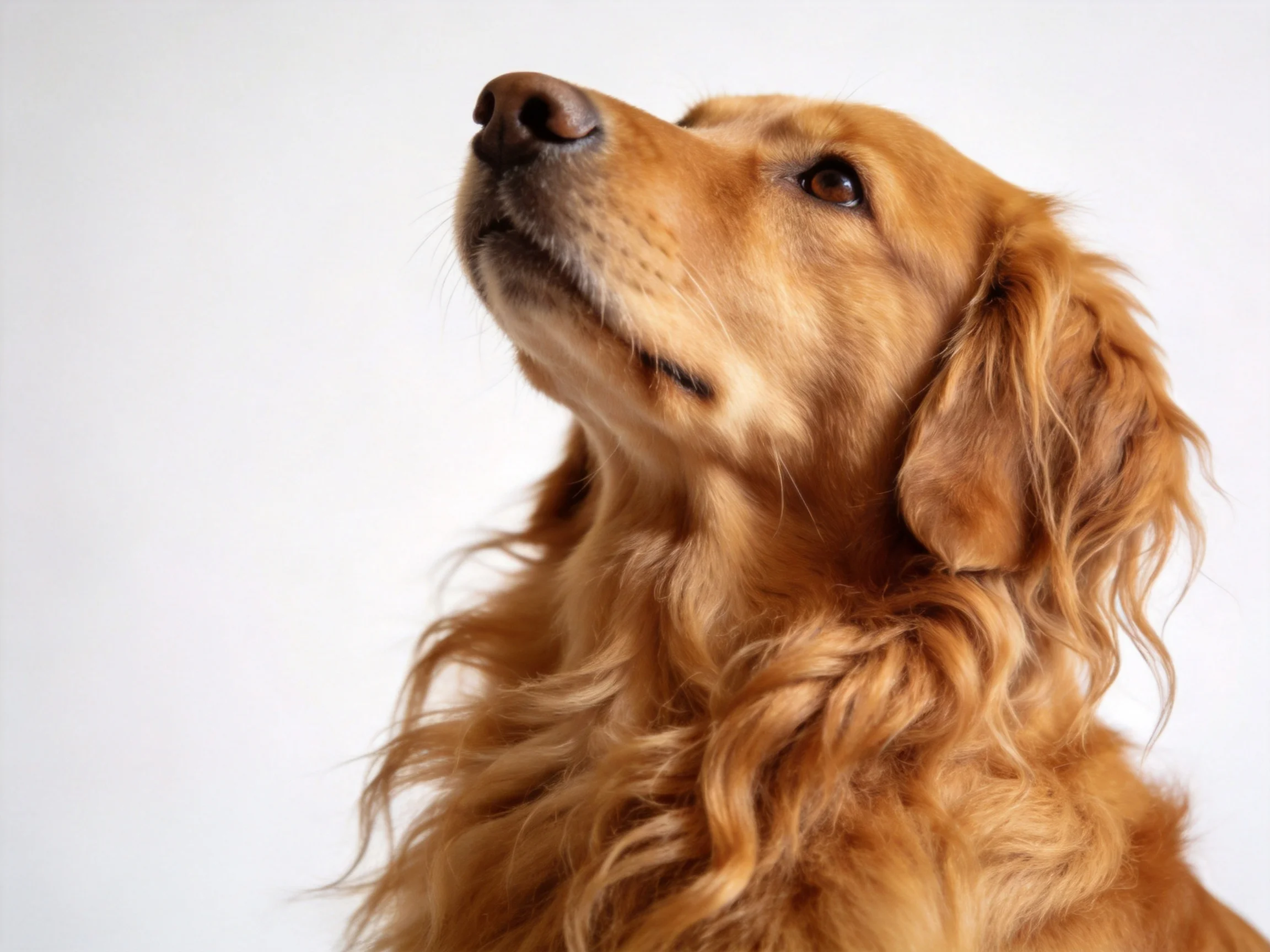 Golden retriever with long, wavy fur gazes upward against a plain white background