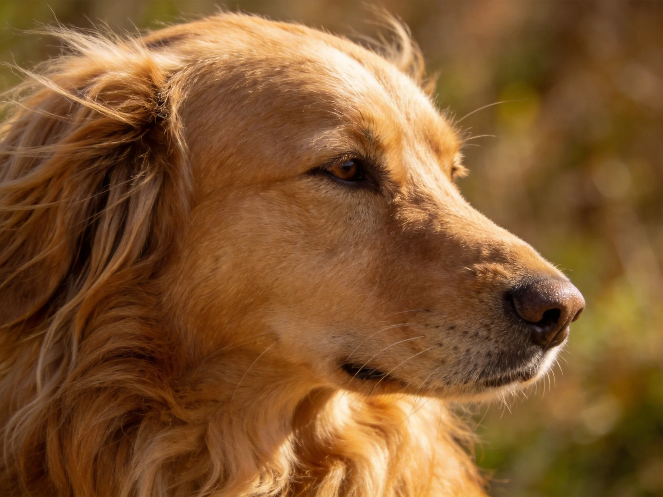 Golden retriever with long, wavy golden fur in warm sunlight