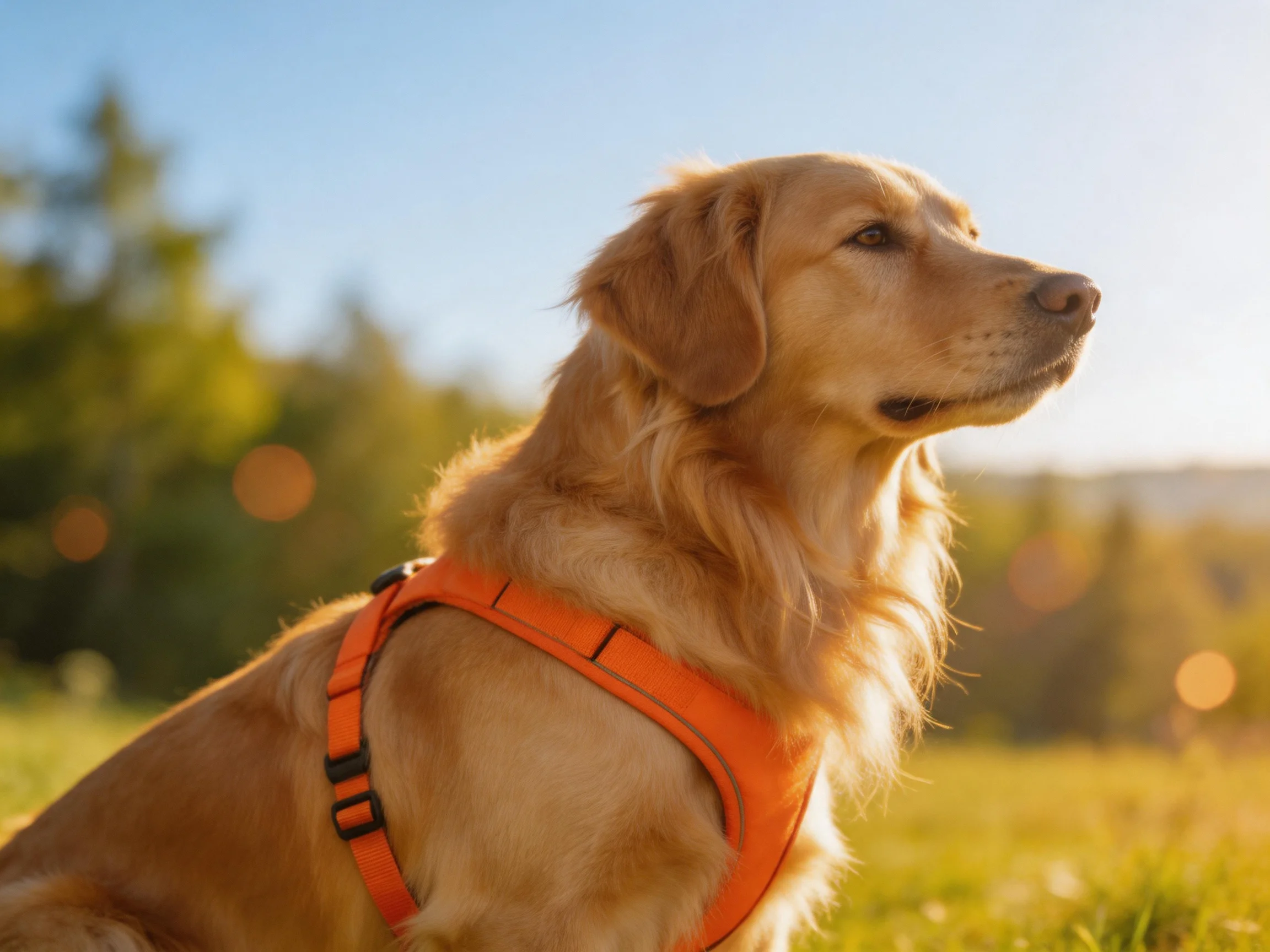 A golden retriever wearing an orange harness sits in a sunlit meadow.