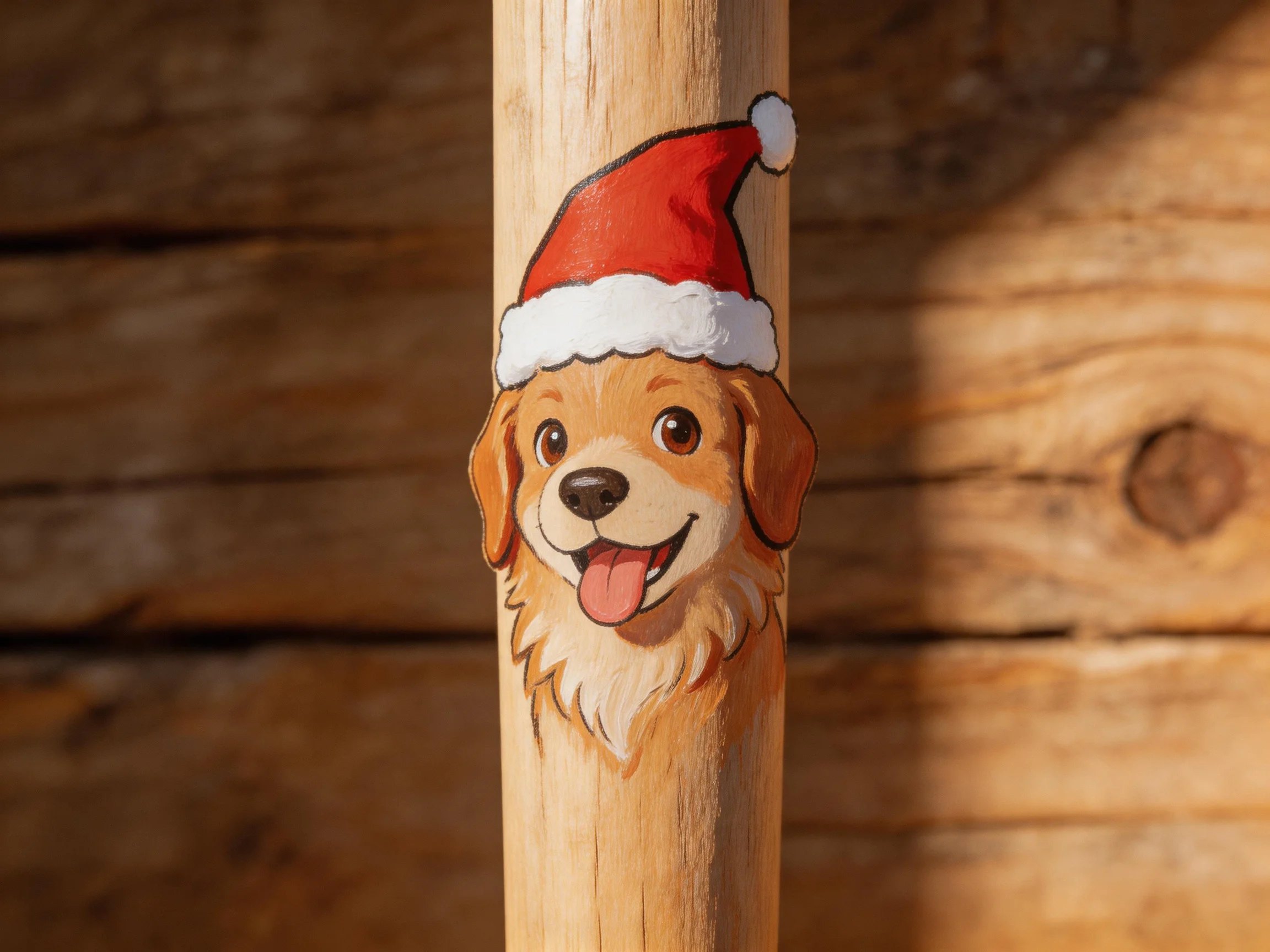 A golden retriever wearing a red Santa hat is depicted on a wooden post.