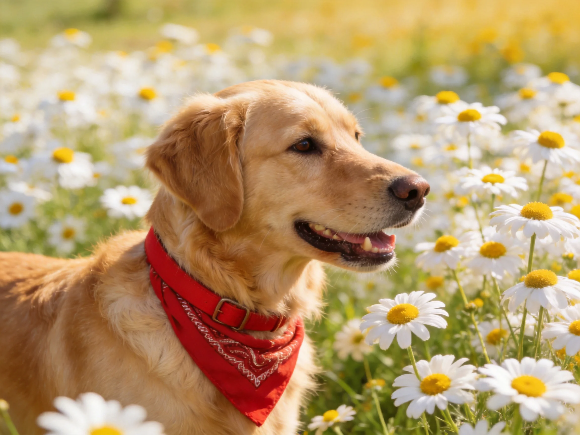 Golden retriever with red bandana in daisy field