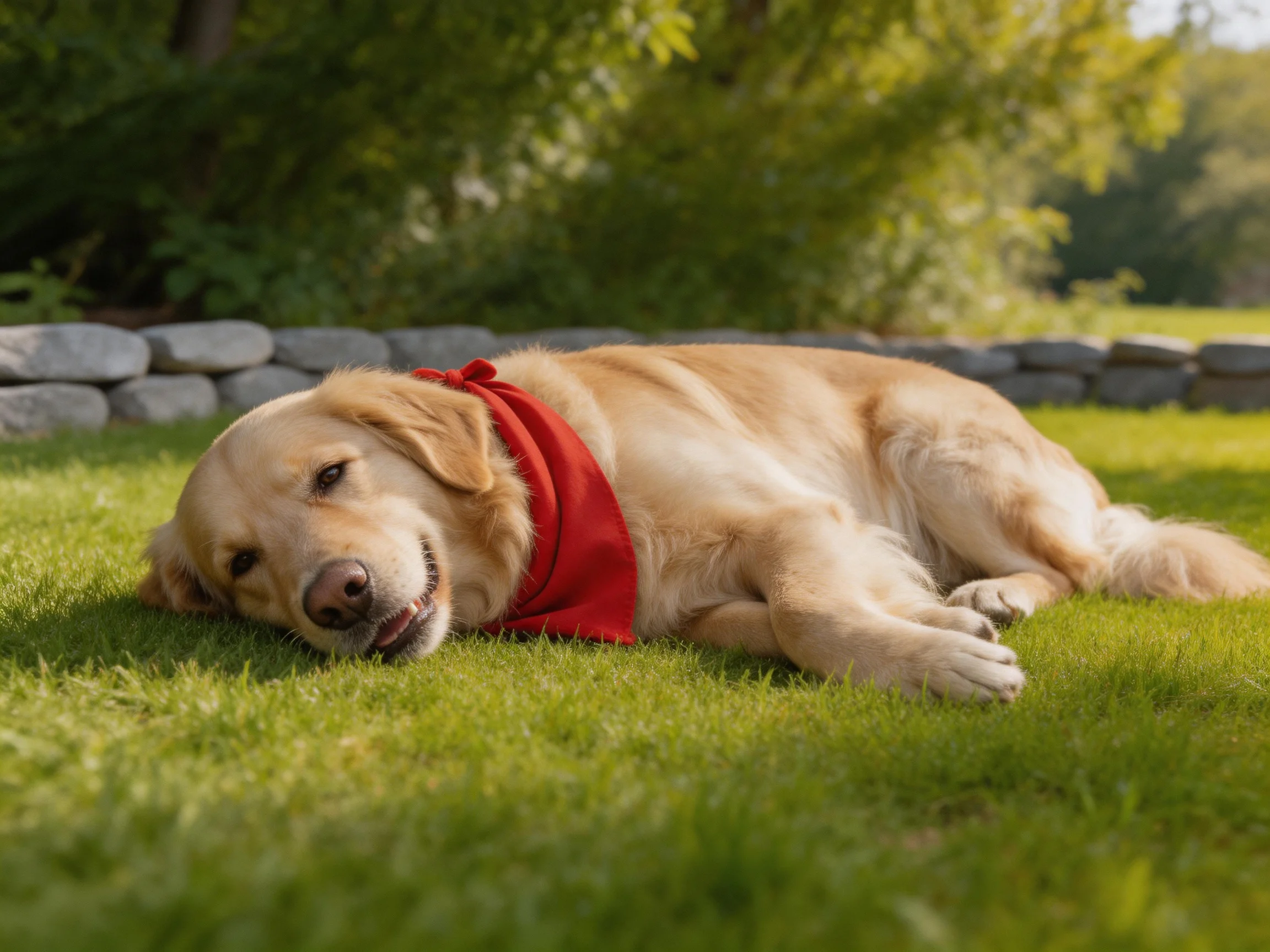 Golden retriever relaxes on grass in sunny garden.