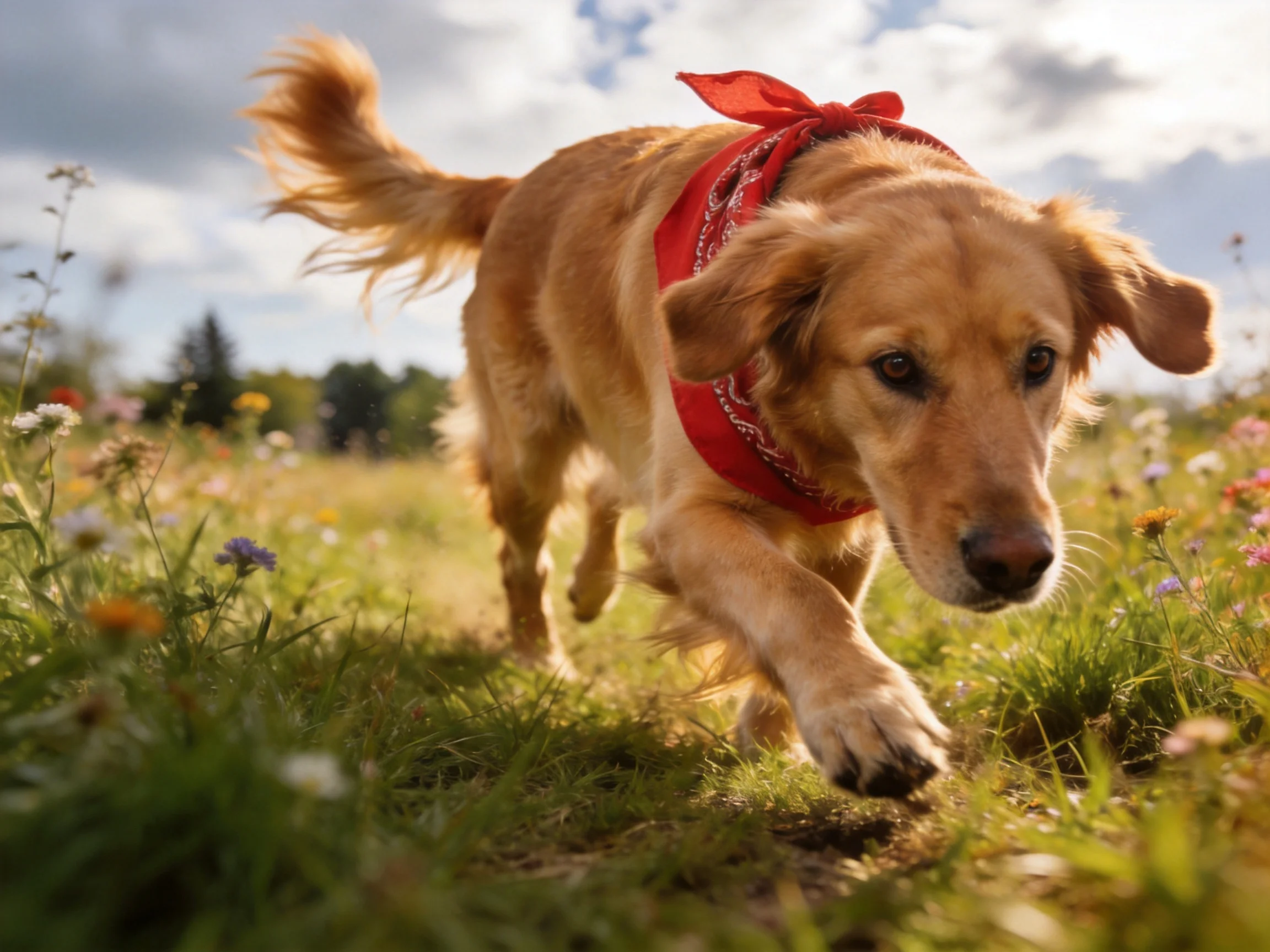 Golden retriever with red bandana running through flower meadow