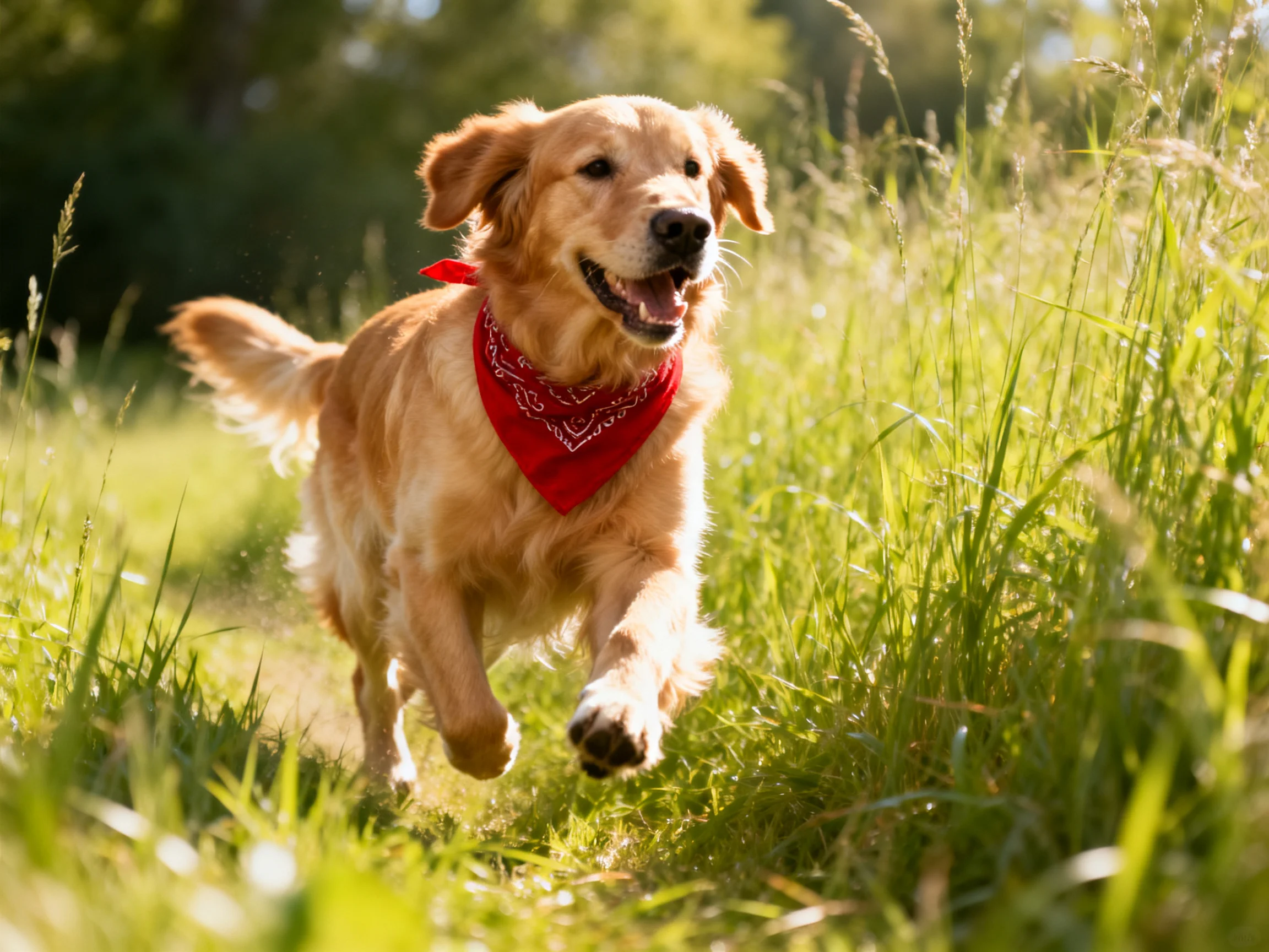 Golden retriever with red bandana runs through sunlit grassy field