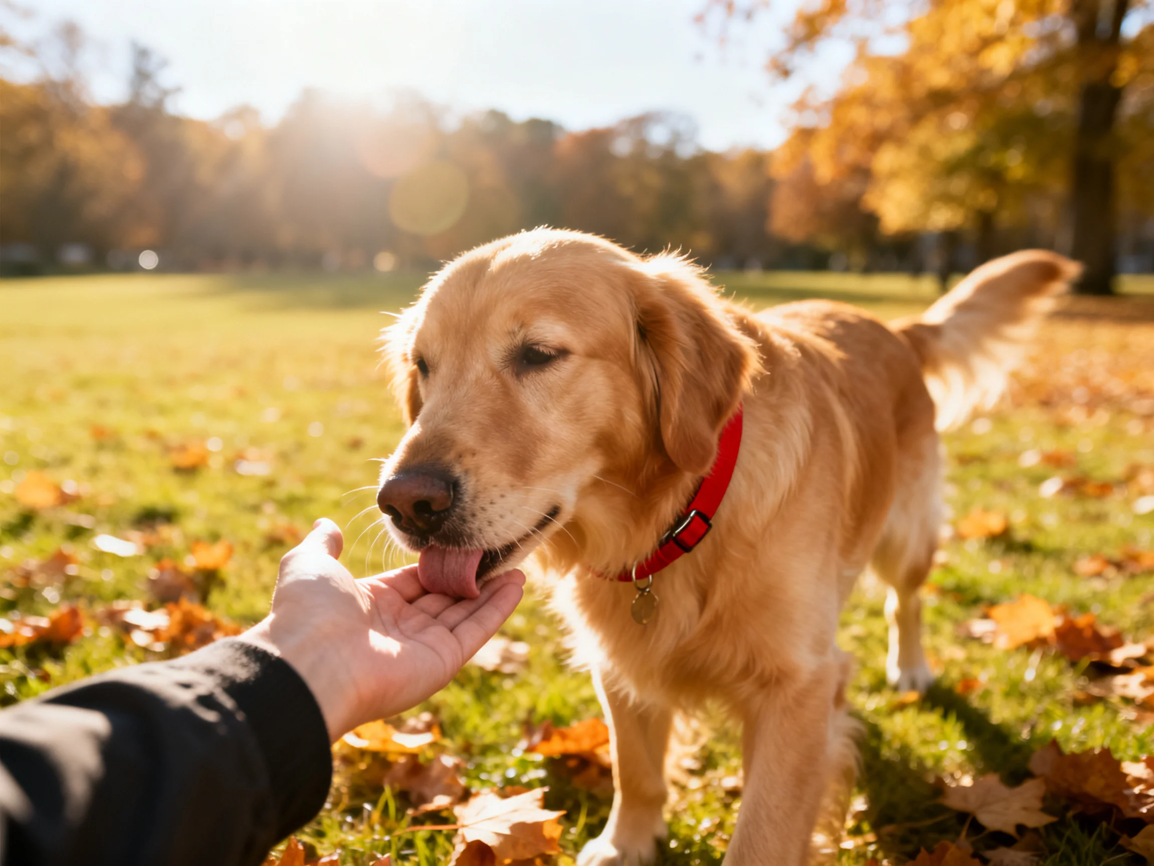 Golden retriever with red collar enjoys treat time in sunlit autumn park